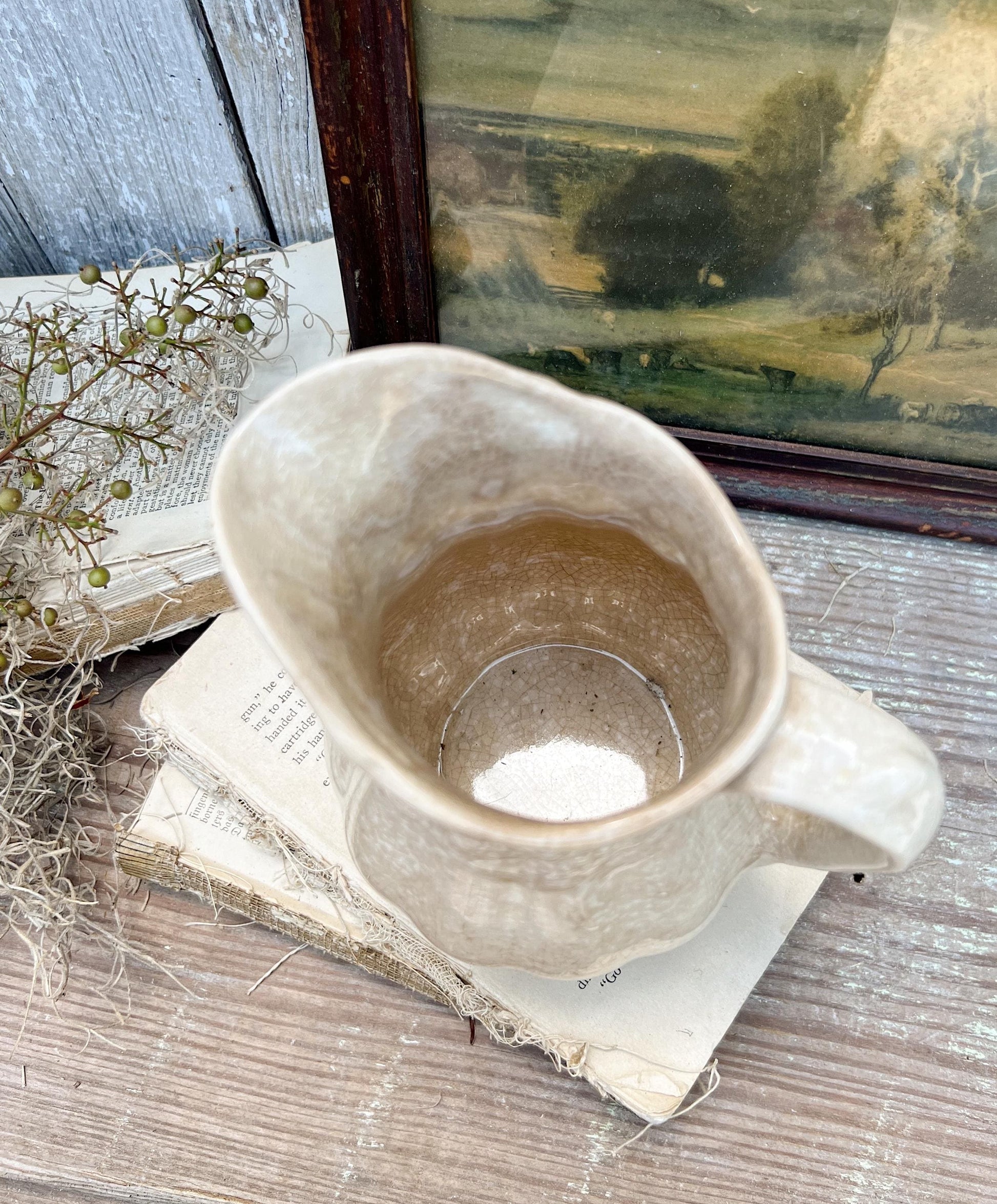 Antique White Ironstone PITCHER Jug Creamy White Farmhouse Decor Grungy Crazing Crazed Stained Arthur Wood England Royal