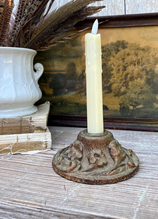 Antique Wooden Carved Candle Holder Stick Floral French Farmhouse Decor