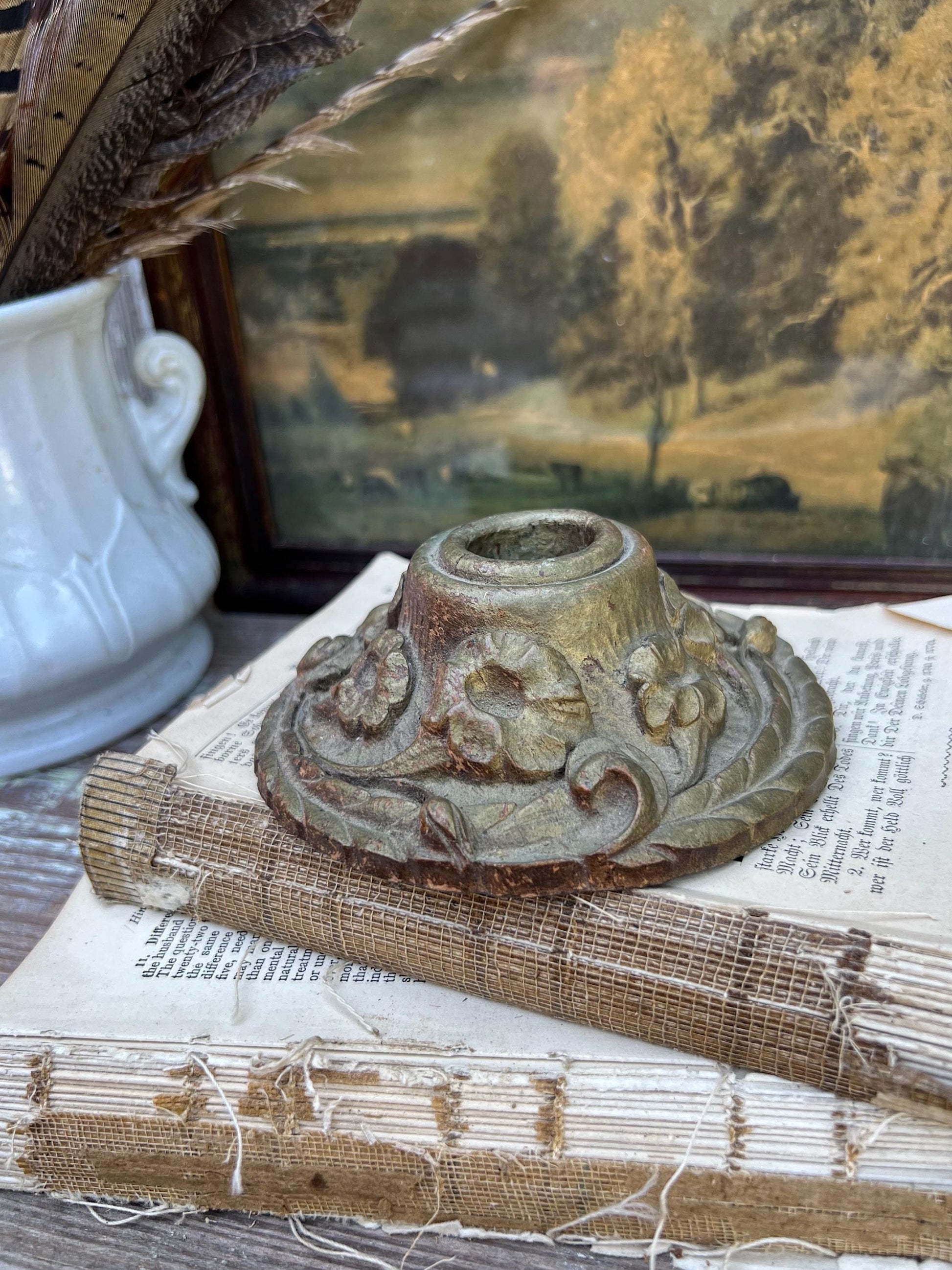 Antique Wooden Carved Candle Holder Stick Floral French Farmhouse Decor