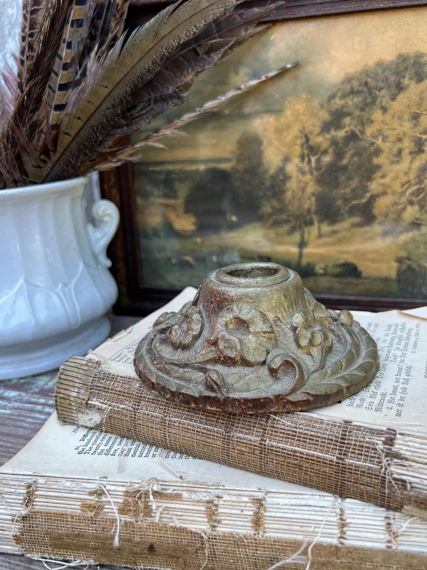 Antique Wooden Carved Candle Holder Stick Floral French Farmhouse Decor