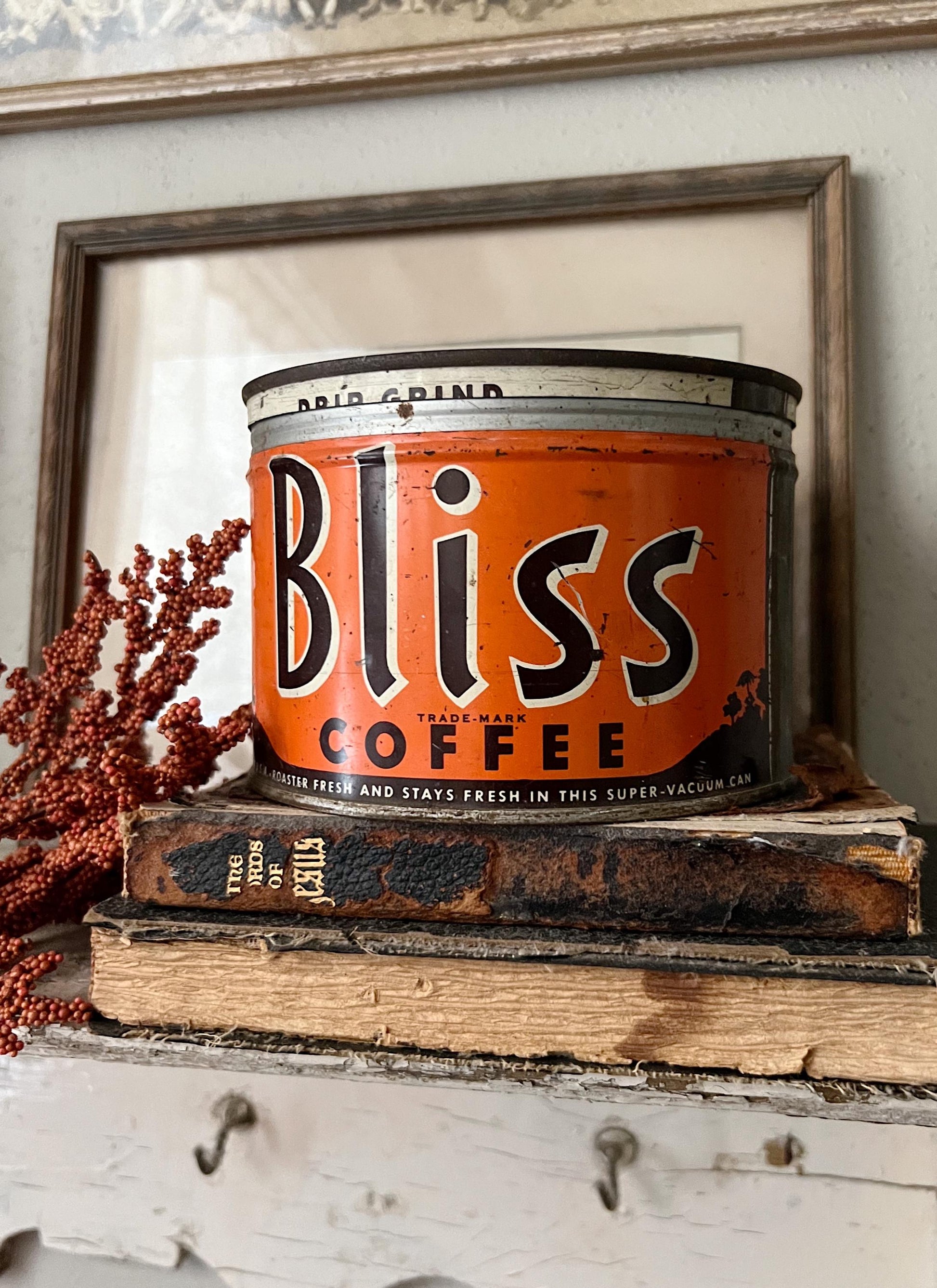 Antique Vintage BLISS Coffee Can Tin Canister Farmhouse Decor Fixer Upper Decor ORANGE Fall Decor Maxwell House Co.