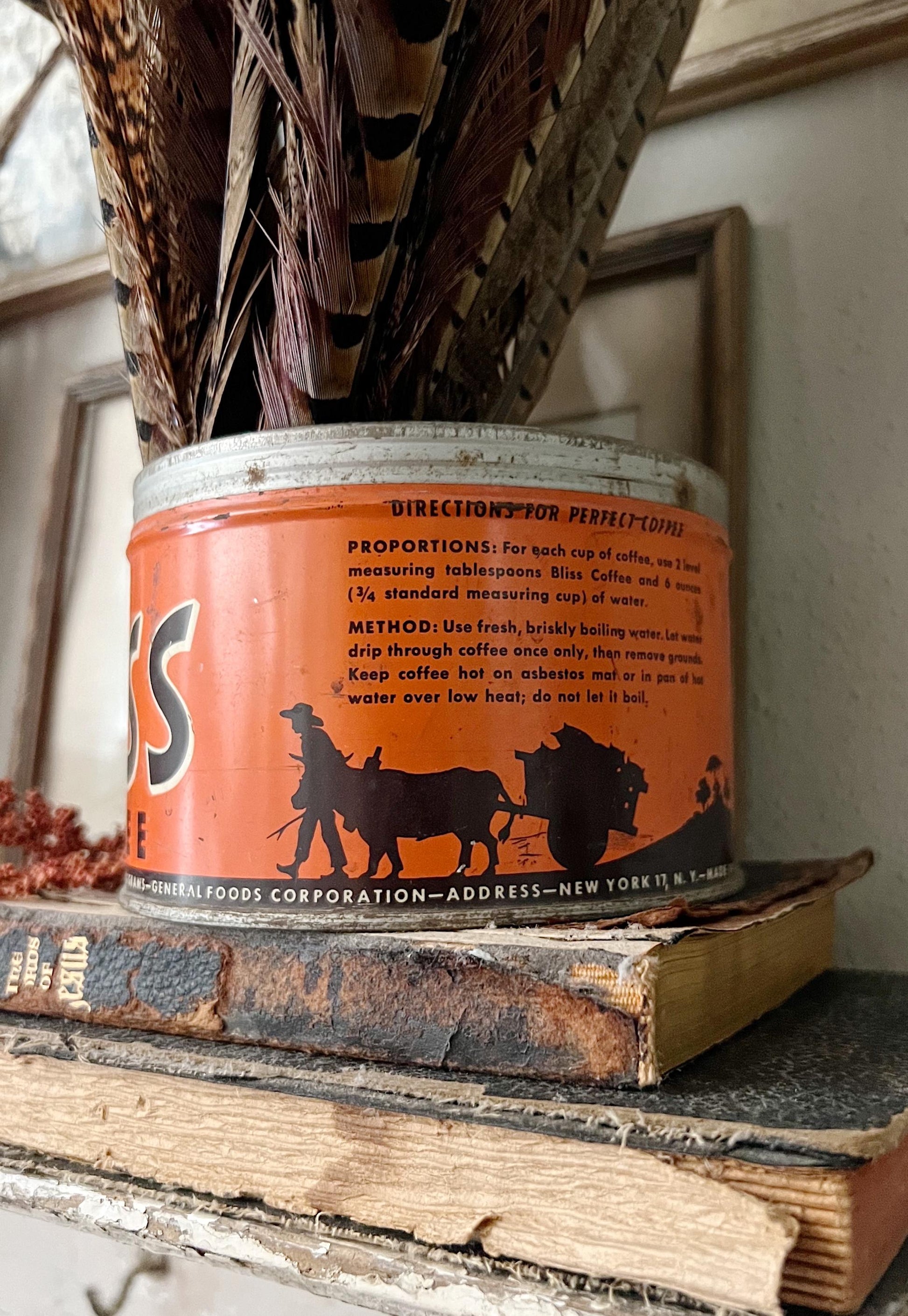 Antique Vintage BLISS Coffee Can Tin Canister Farmhouse Decor Fixer Upper Decor ORANGE Fall Decor Maxwell House Co.