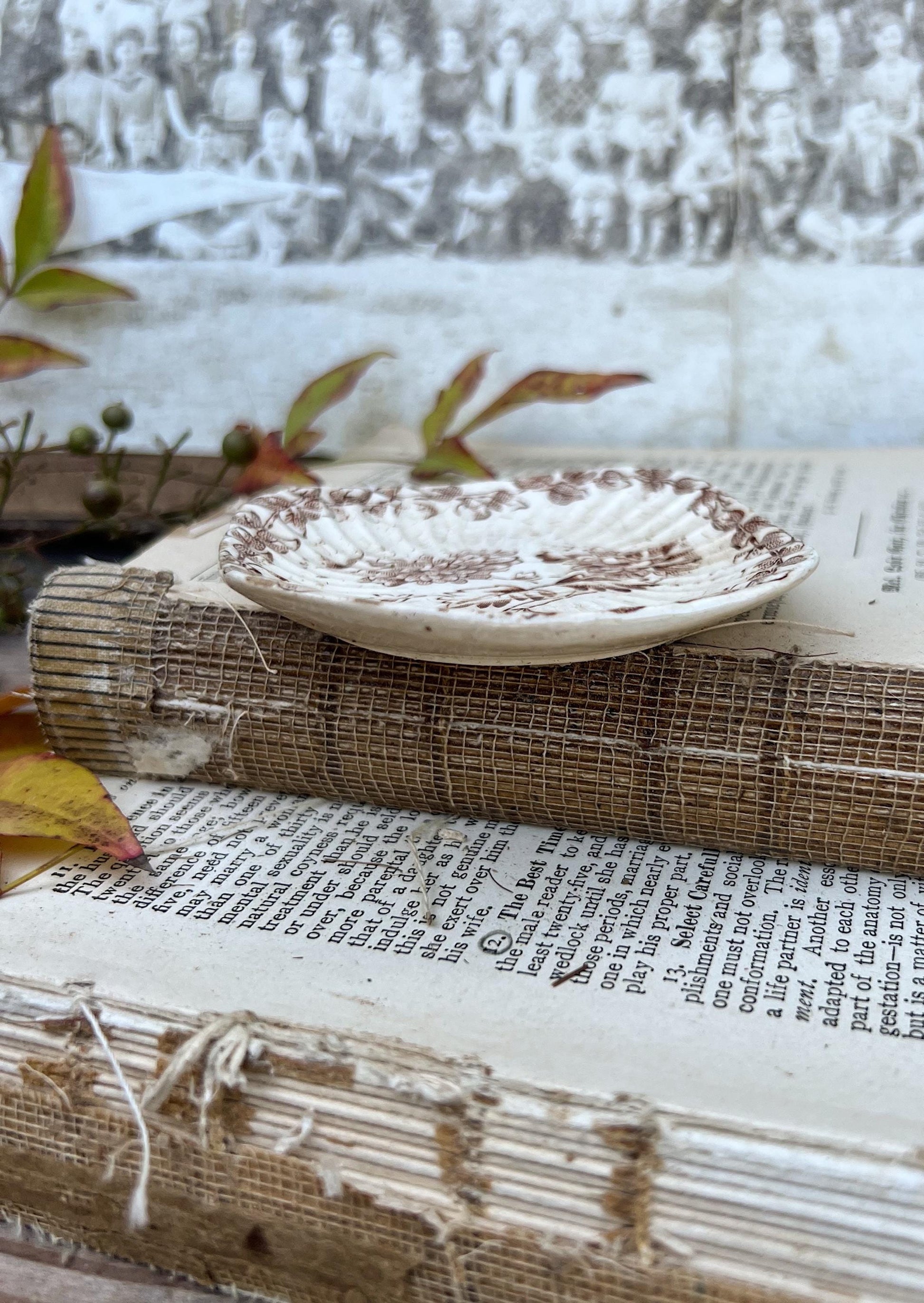 Antique SQUARE White Ironstone Butter Pat BROWN Transferware Floral Farmhouse Decor IVORY
