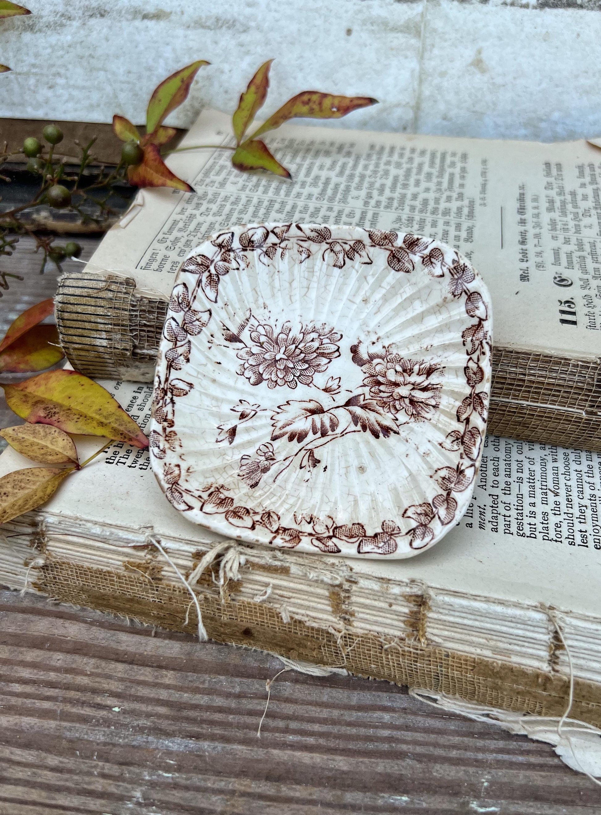 Antique SQUARE White Ironstone Butter Pat BROWN Transferware Floral Farmhouse Decor IVORY