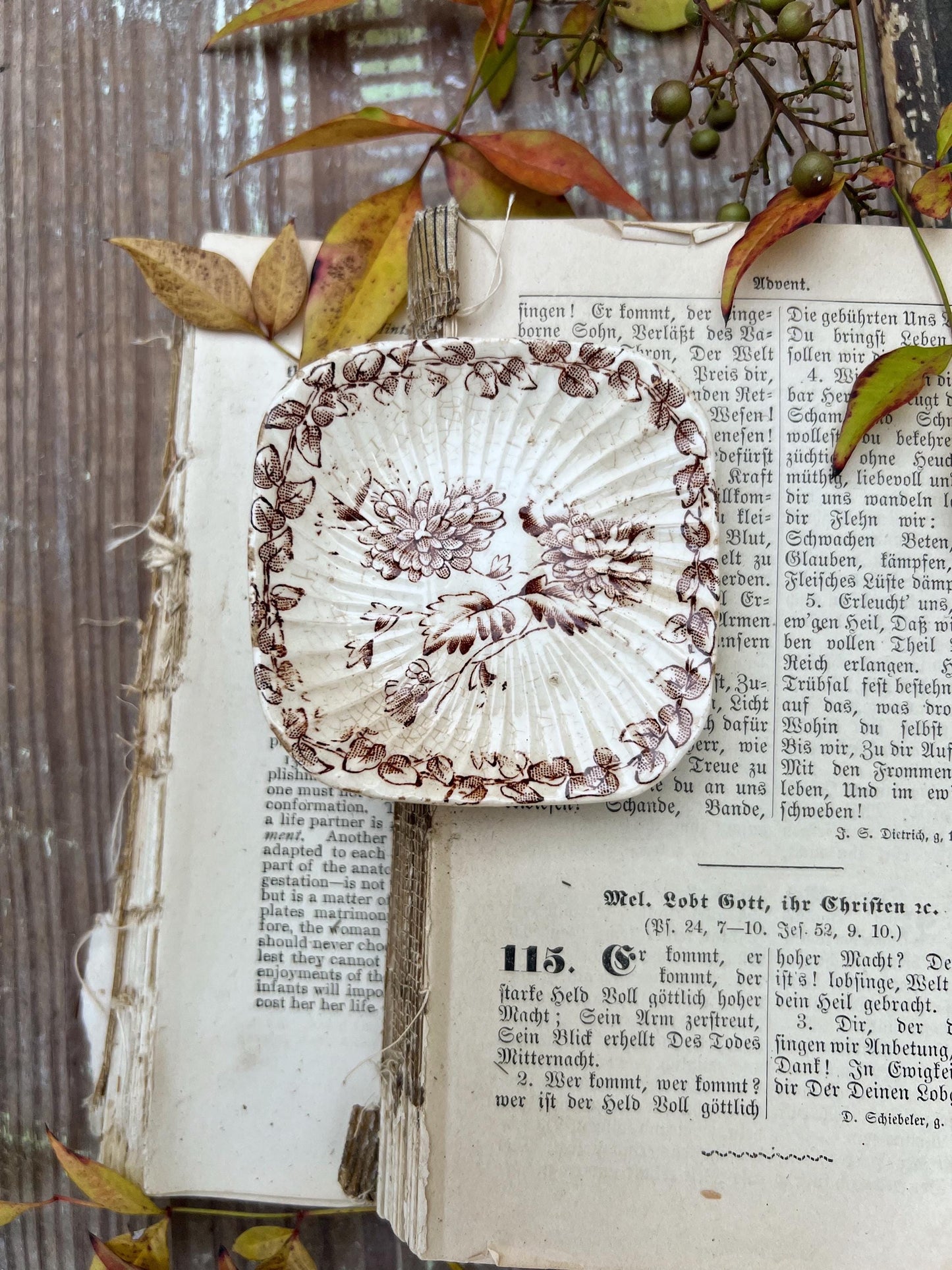 Antique SQUARE White Ironstone Butter Pat BROWN Transferware Floral Farmhouse Decor IVORY