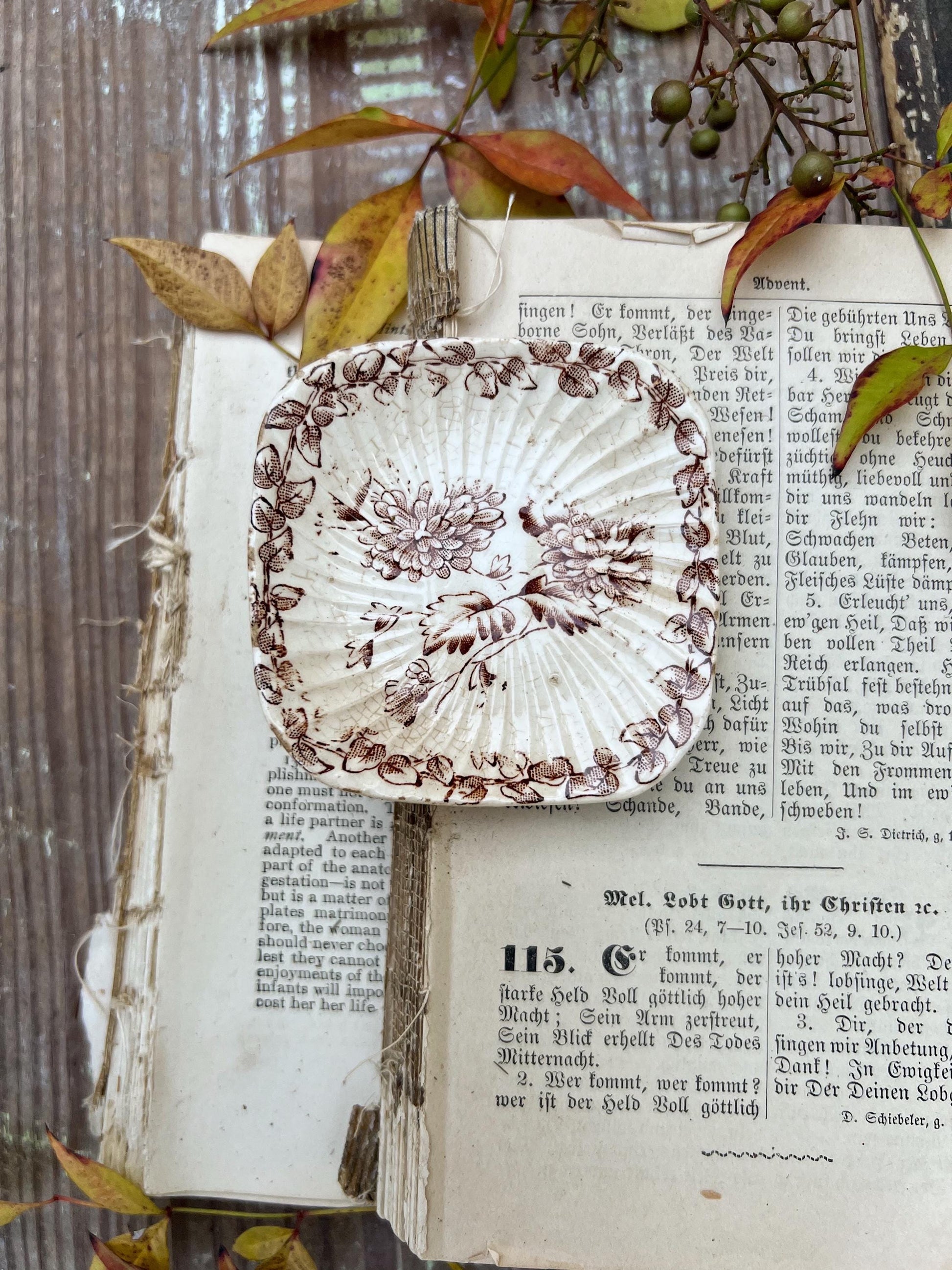 Antique SQUARE White Ironstone Butter Pat BROWN Transferware Floral Farmhouse Decor IVORY