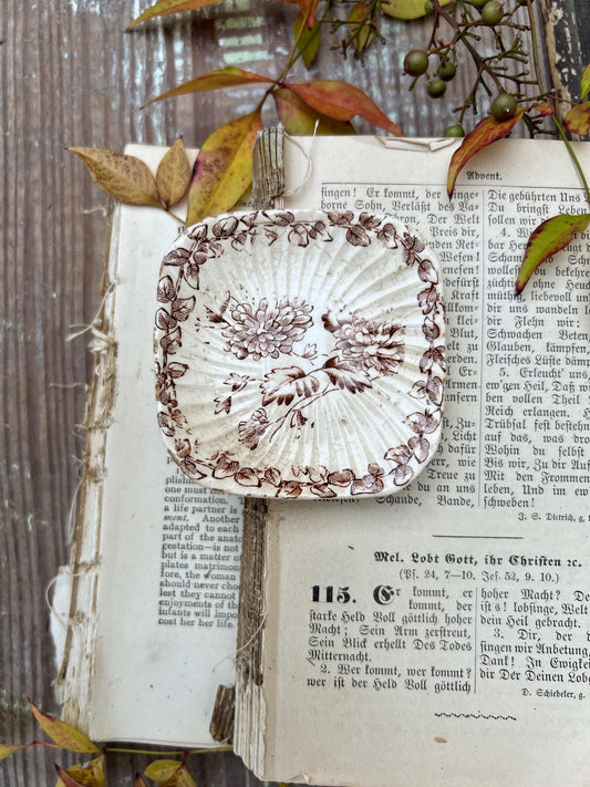 Antique SQUARE White Ironstone Butter Pat BROWN Transferware Floral Farmhouse Decor IVORY