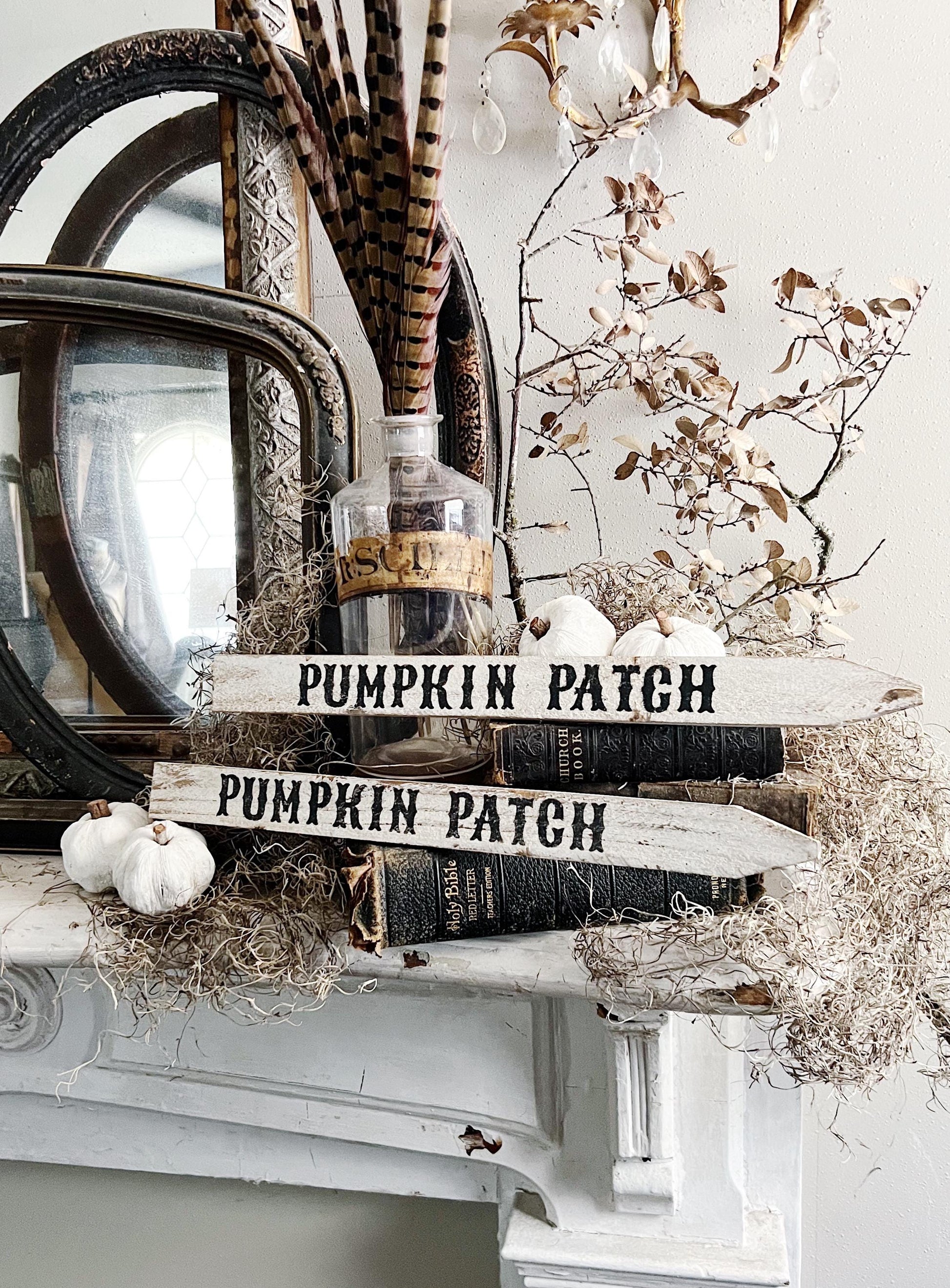 PUMPKIN PATCH Arrow Sign FALL Halloween Vintage Salvage Barn Wood Reclaimed White Chippy Paint Farmhouse Decor Architectural Black White