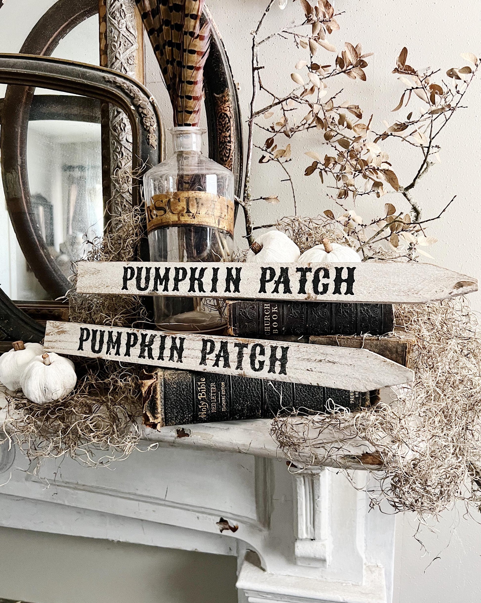 PUMPKIN PATCH Arrow Sign FALL Halloween Vintage Salvage Barn Wood Reclaimed White Chippy Paint Farmhouse Decor Architectural Black White