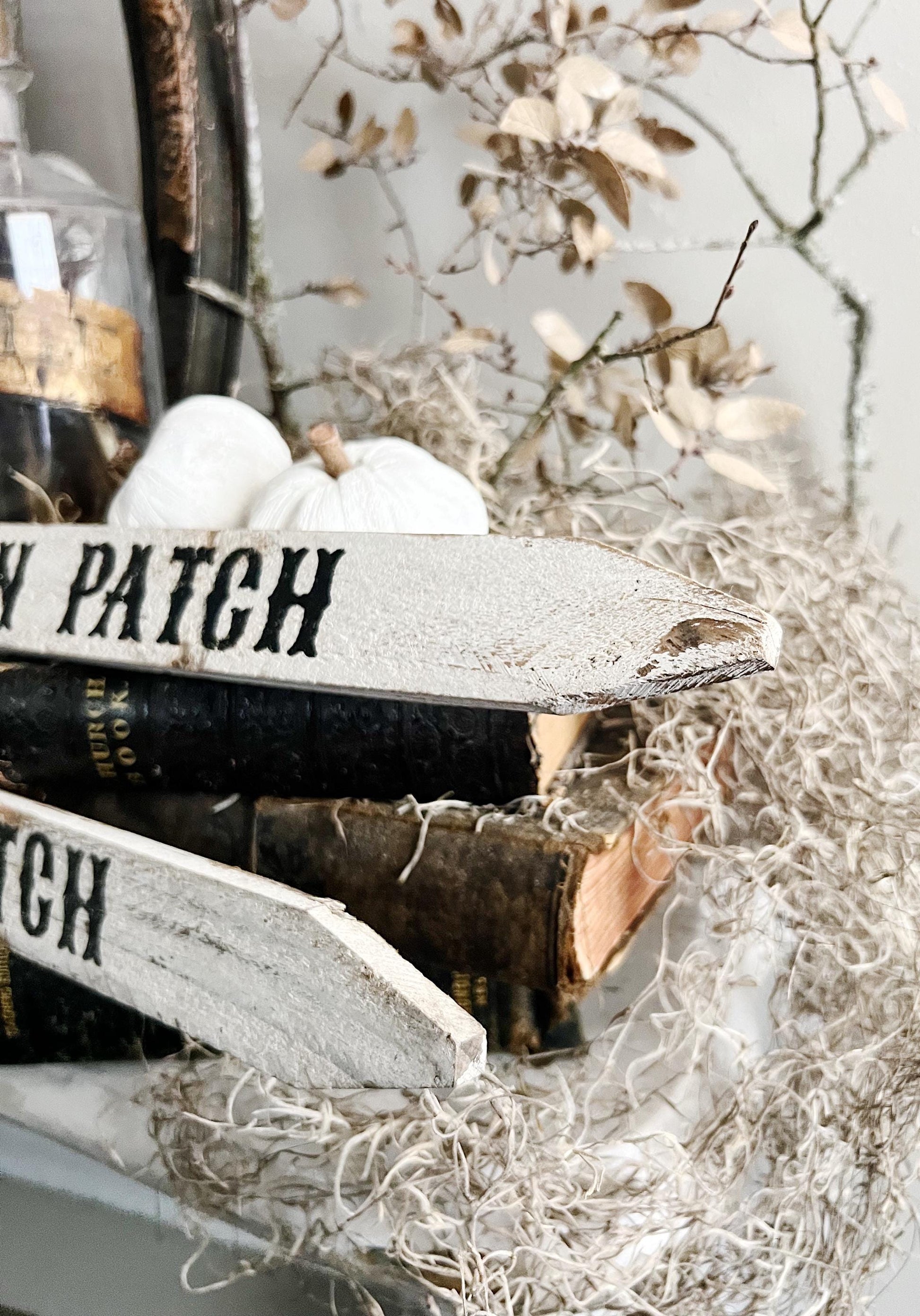 PUMPKIN PATCH Arrow Sign FALL Halloween Vintage Salvage Barn Wood Reclaimed White Chippy Paint Farmhouse Decor Architectural Black White