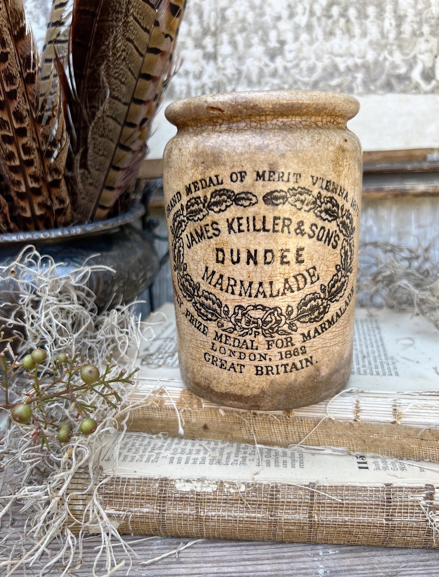 Antique Marmalade IRONSTONE Jar DUNDEE James Keiller Crock Rolled Rim 1 Pound 1862 MALING