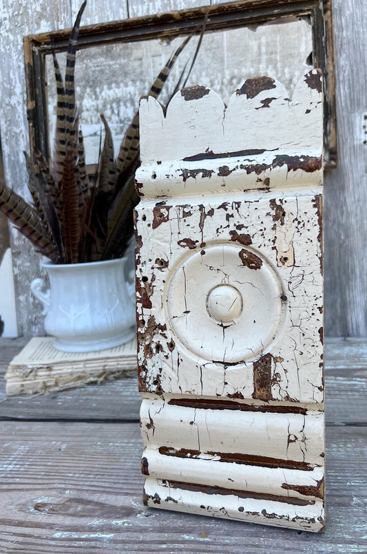 Antique EASTLAKE Plith CHIPPY WHITE Salvaged Pediment Architectural Wood Accent Trim Detail Reclaimed Farmhouse Rustic Decor