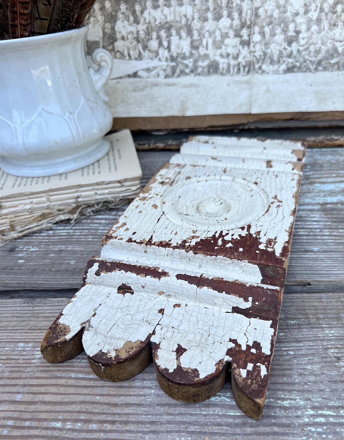 Antique EASTLAKE Plith CHIPPY WHITE Salvaged Pediment Architectural Wood Accent Trim Detail Reclaimed Farmhouse Rustic Decor
