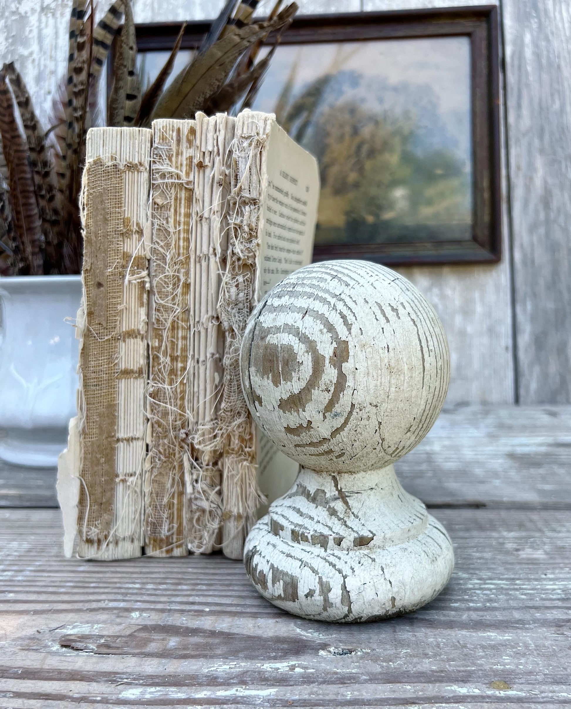 Vintage Chippy White Wood BALL Finial Newell Post Cap Carved Wood