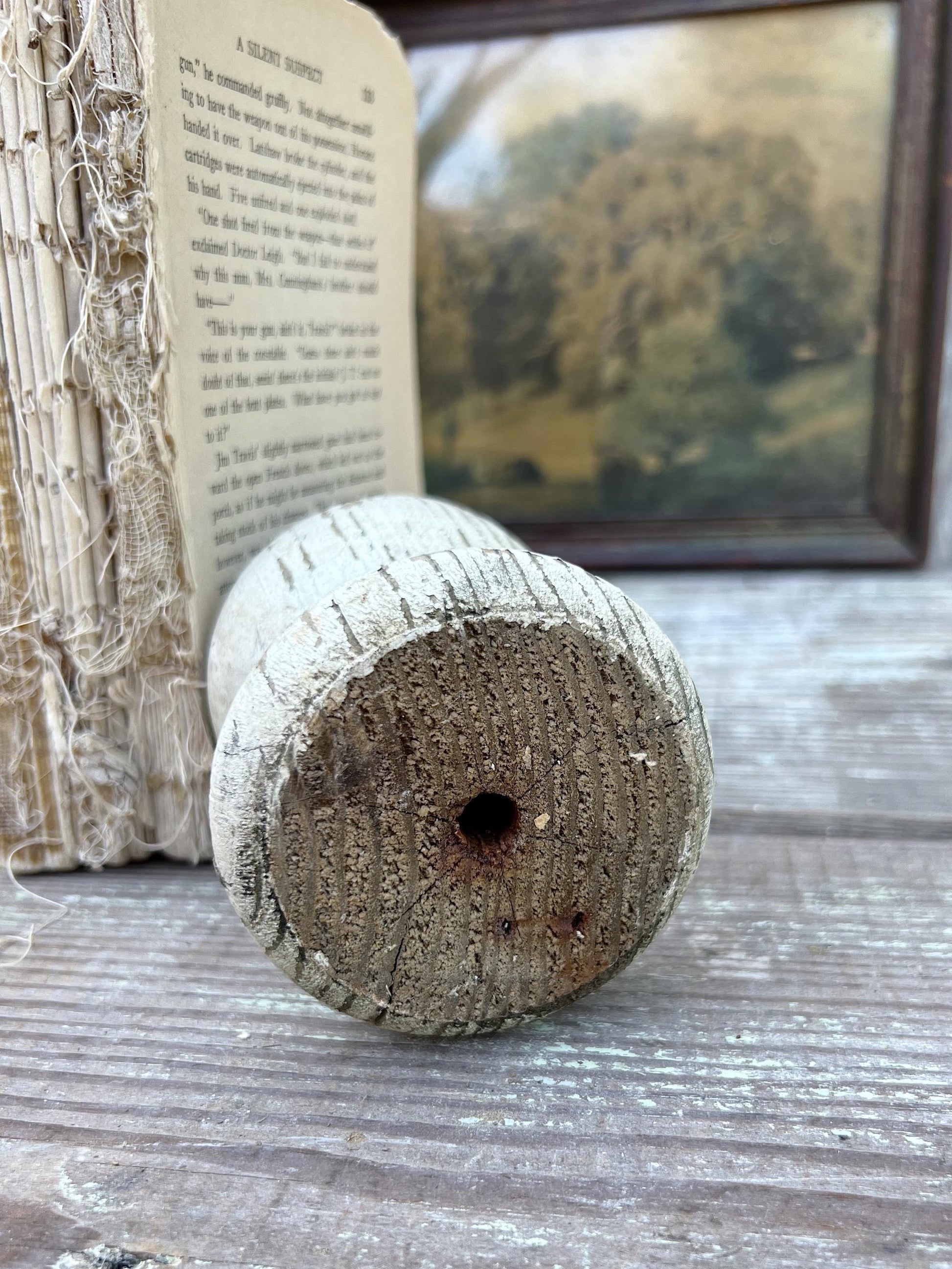 Vintage Chippy White Wood BALL Finial Newell Post Cap Carved Wood