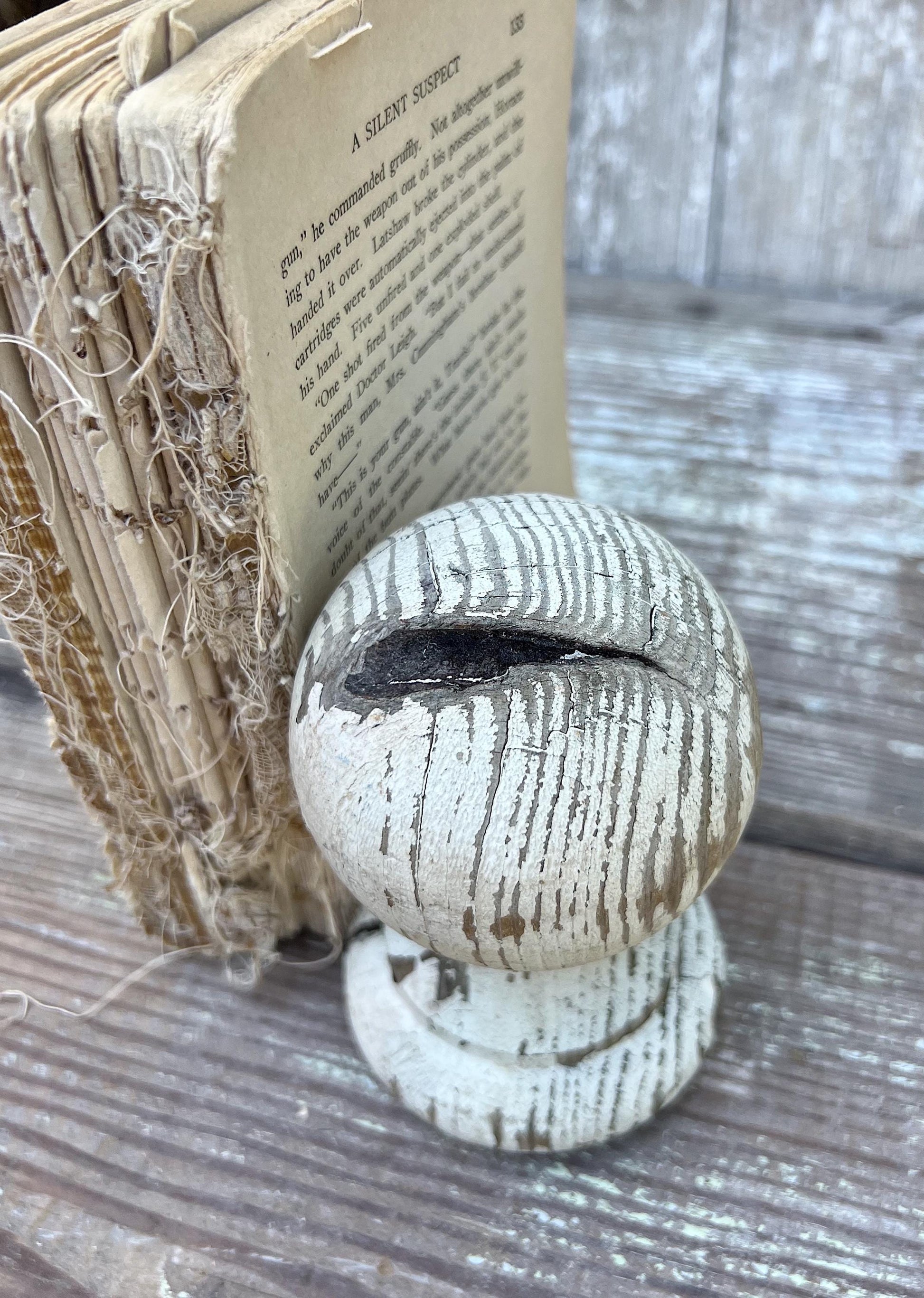 Vintage Chippy White Wood BALL Finial Newell Post Cap Carved Wood