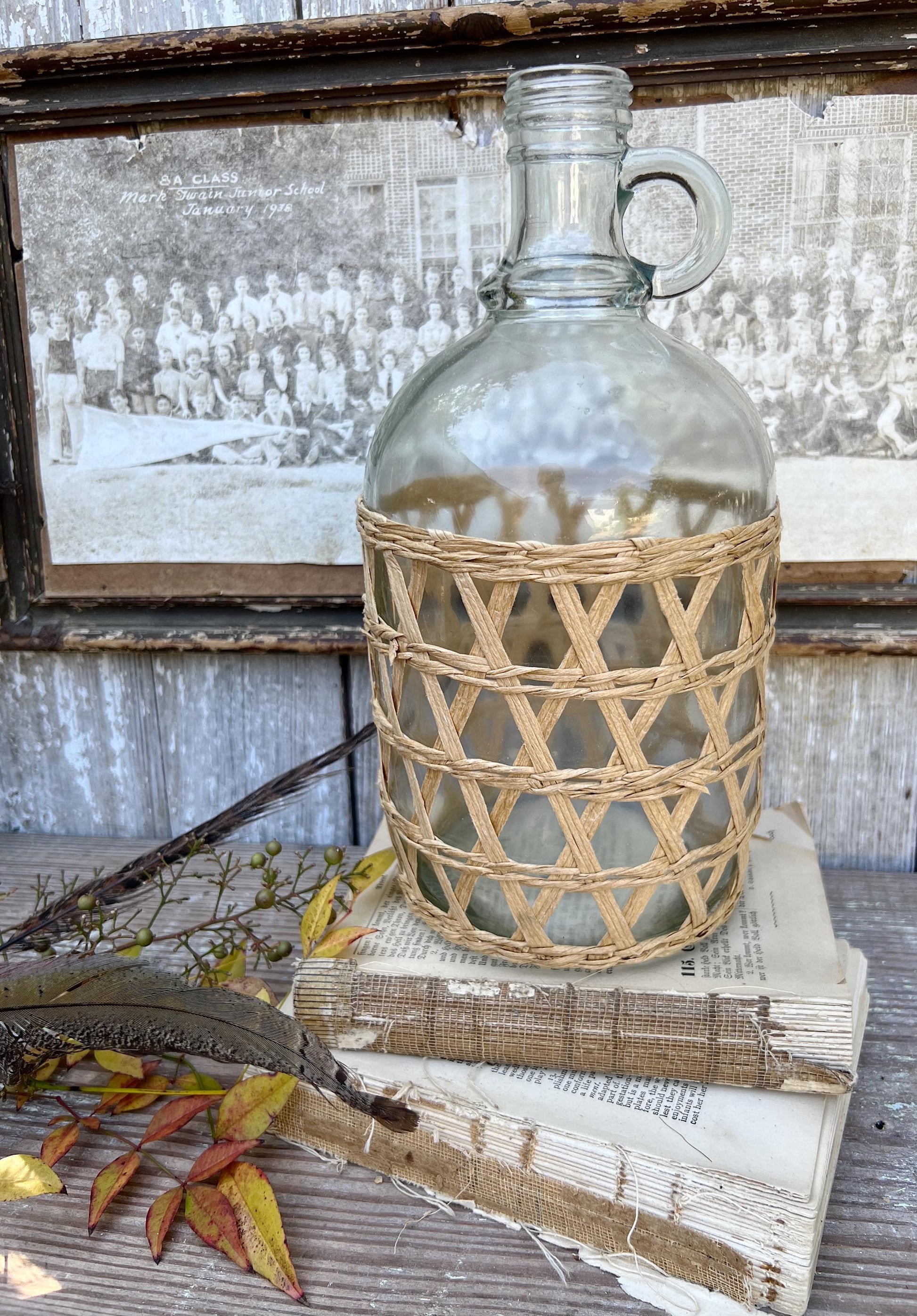 Antique Glass Demi John Bottle WICKER Light Brown Handle Farmhouse French Decor Jug