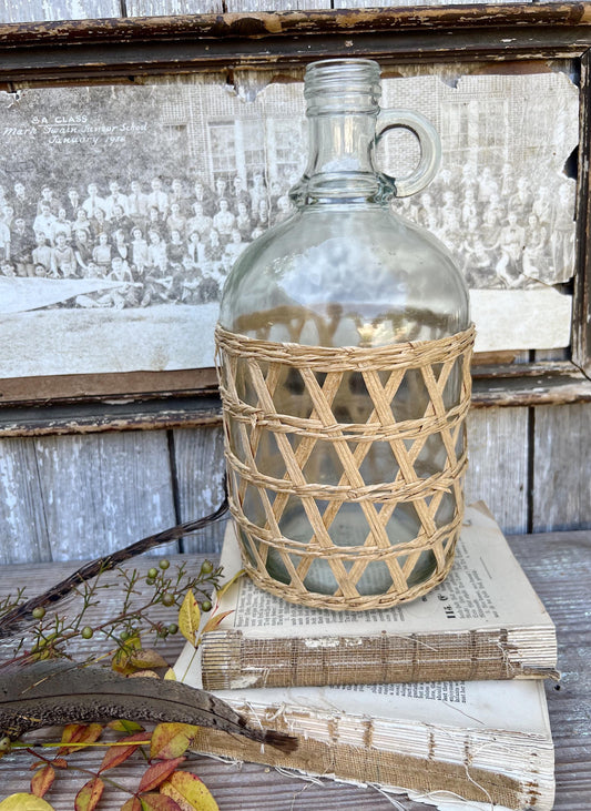 Antique Glass Demi John Bottle WICKER Light Brown Handle Farmhouse French Decor Jug