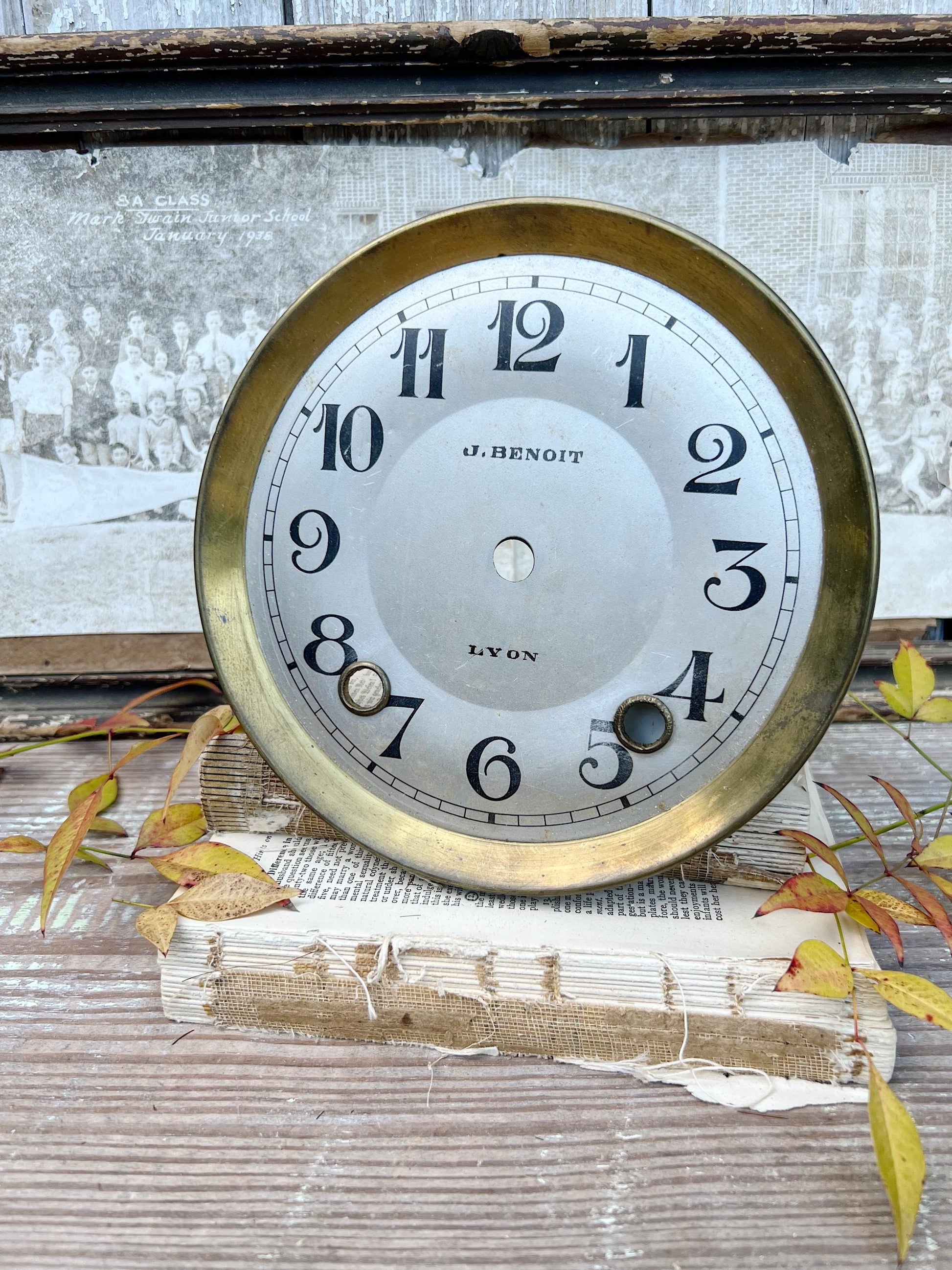 Antique Clock Brass Clock Dial Farmhouse Decor Industrial Salvage LYON J. BENOIT