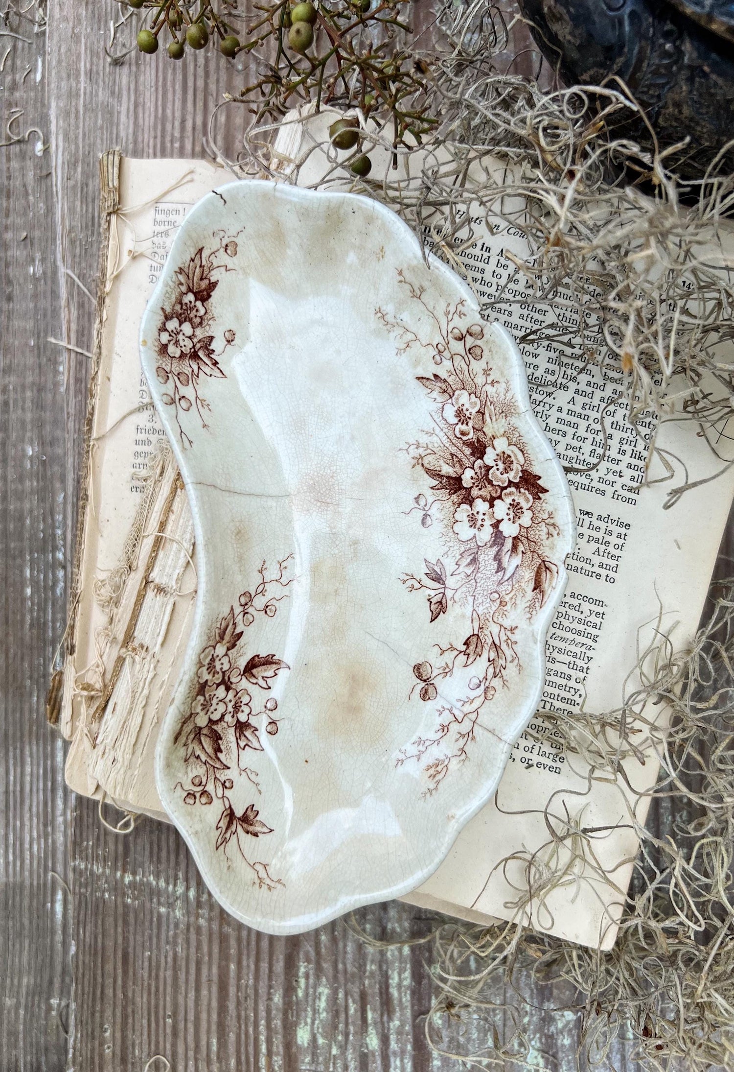 Antique White Ironstone Bone Dish Brown Transferware Soap Dish Scalloped Farmhouse Decor Crazed Stained Hawthorn England