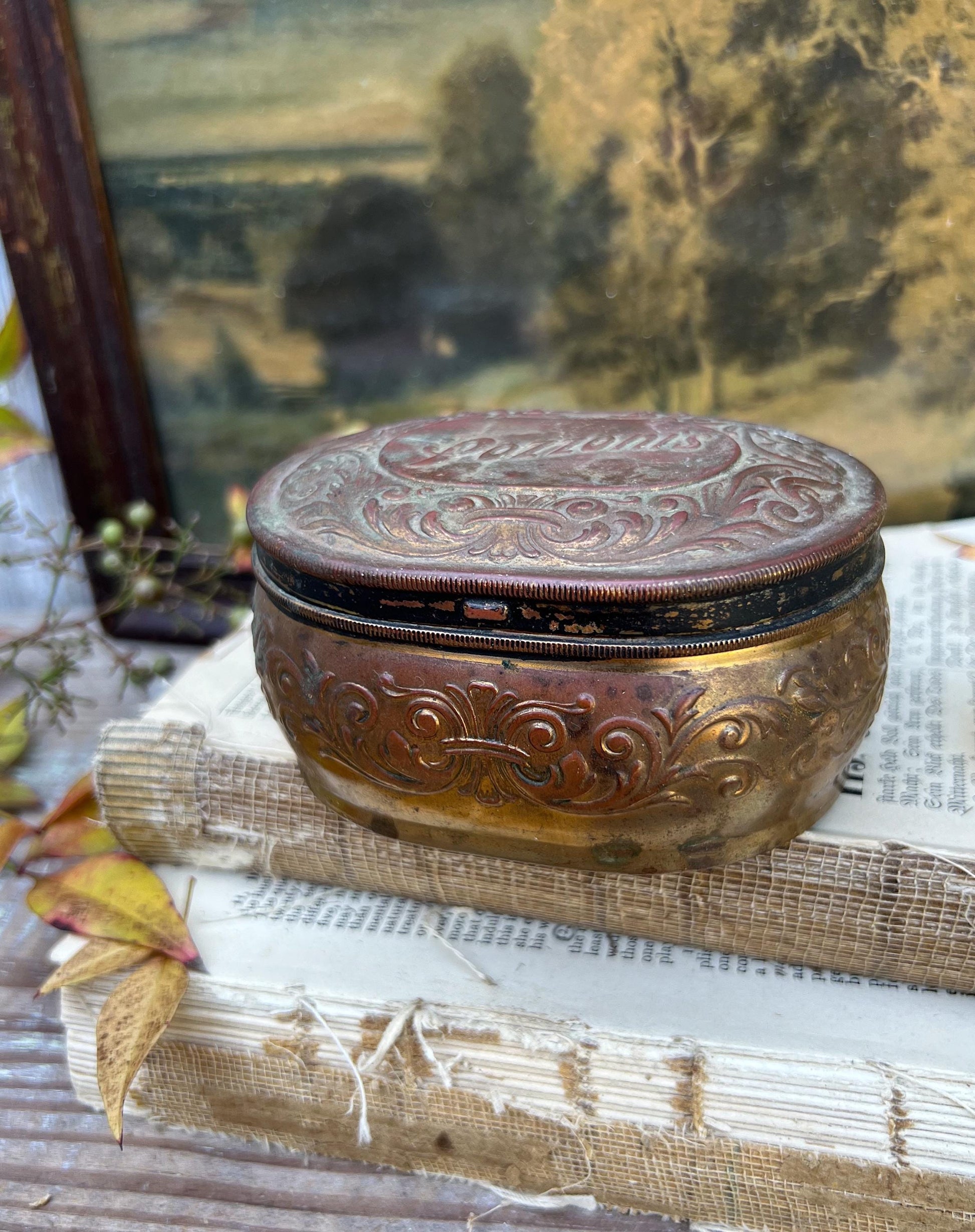 Antique POZZONI’S Powder Box Brass Vanity Lid Box Victorian.