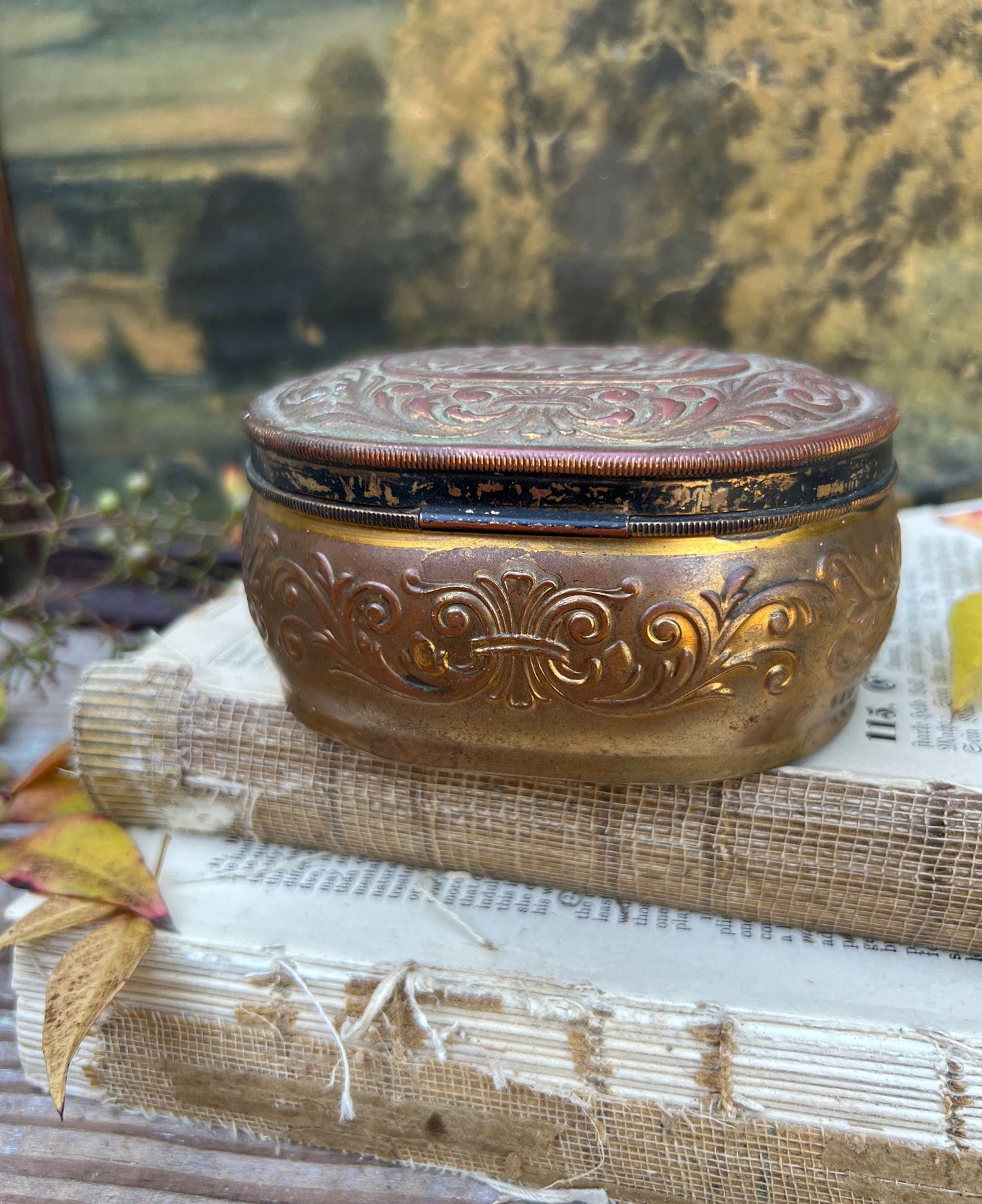 Antique POZZONI’S Powder Box Brass Vanity Lid Box Victorian.