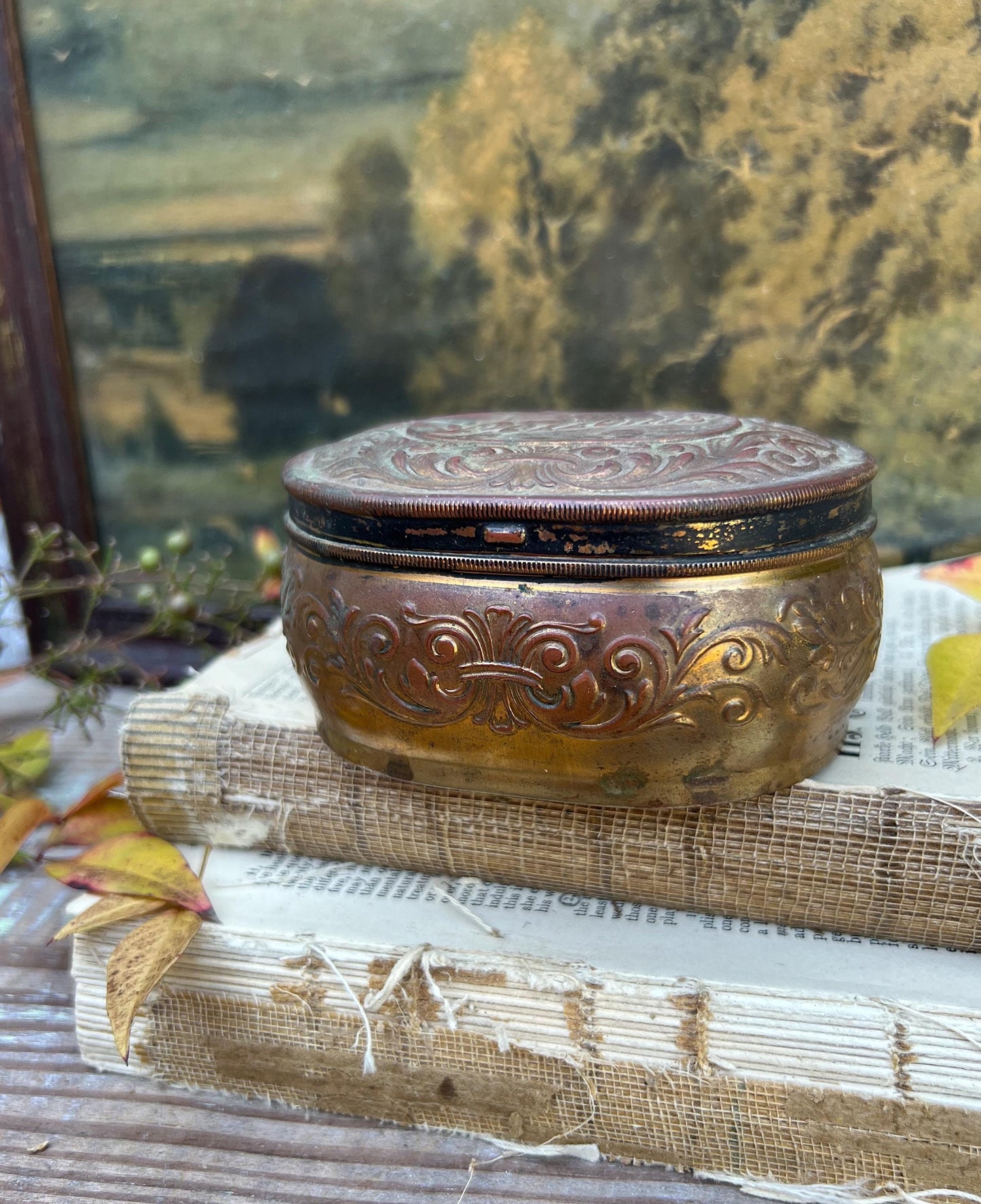 Antique POZZONI’S Powder Box Brass Vanity Lid Box Victorian.