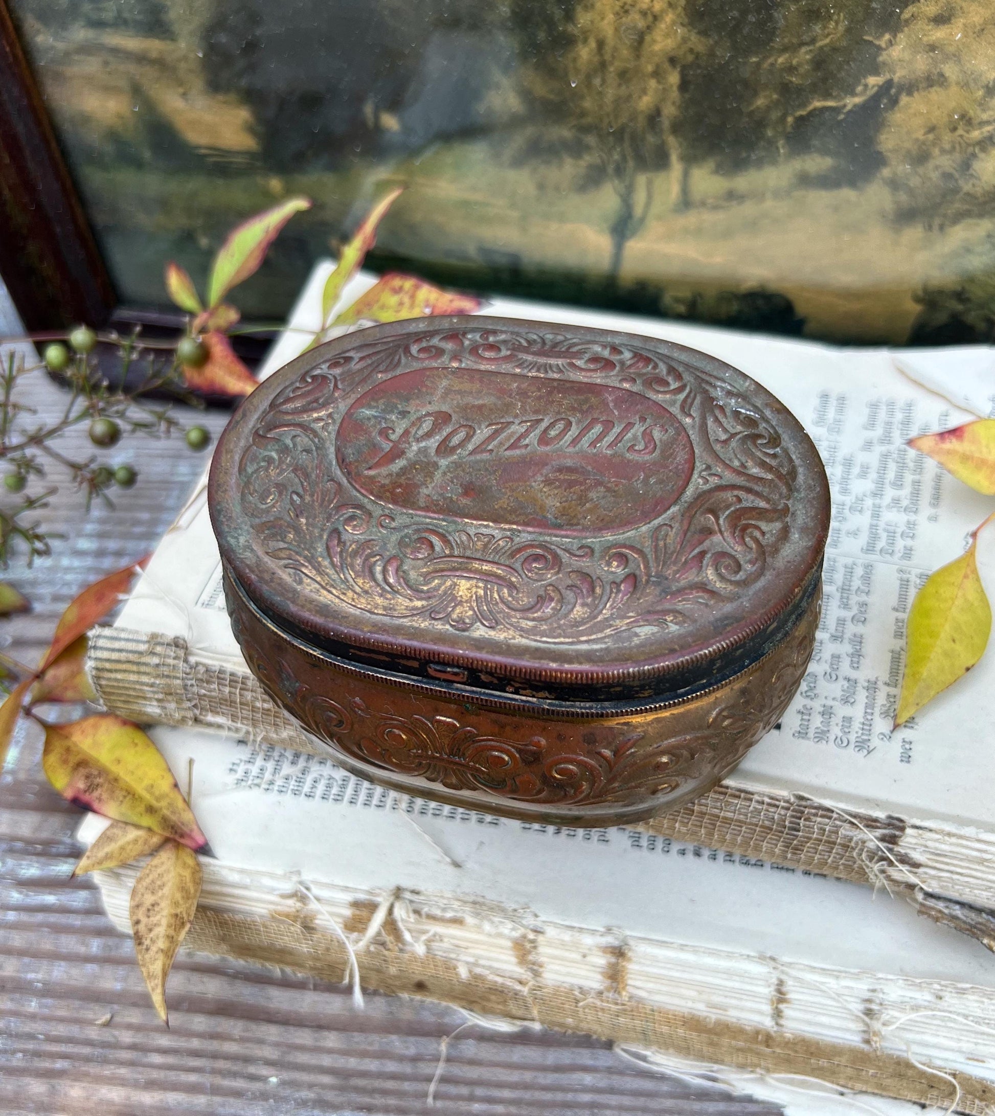 Antique POZZONI’S Powder Box Brass Vanity Lid Box Victorian.