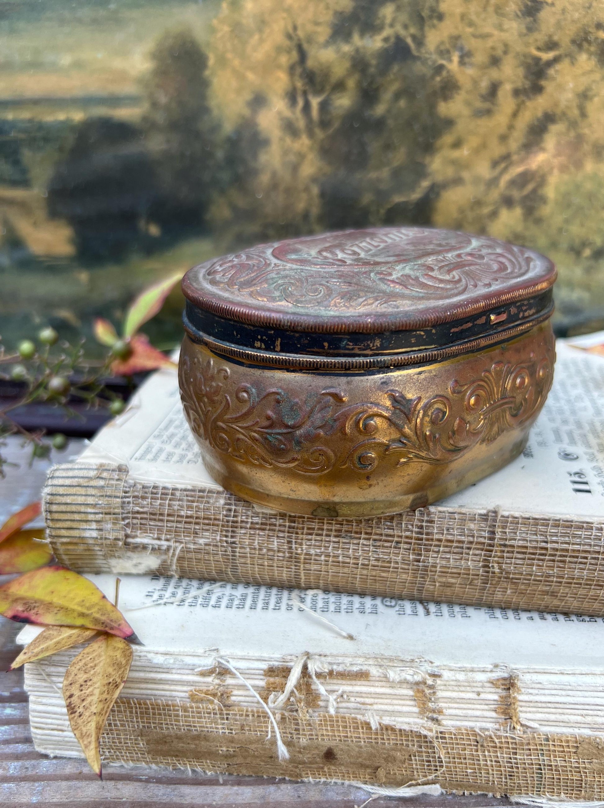 Antique POZZONI’S Powder Box Brass Vanity Lid Box Victorian.