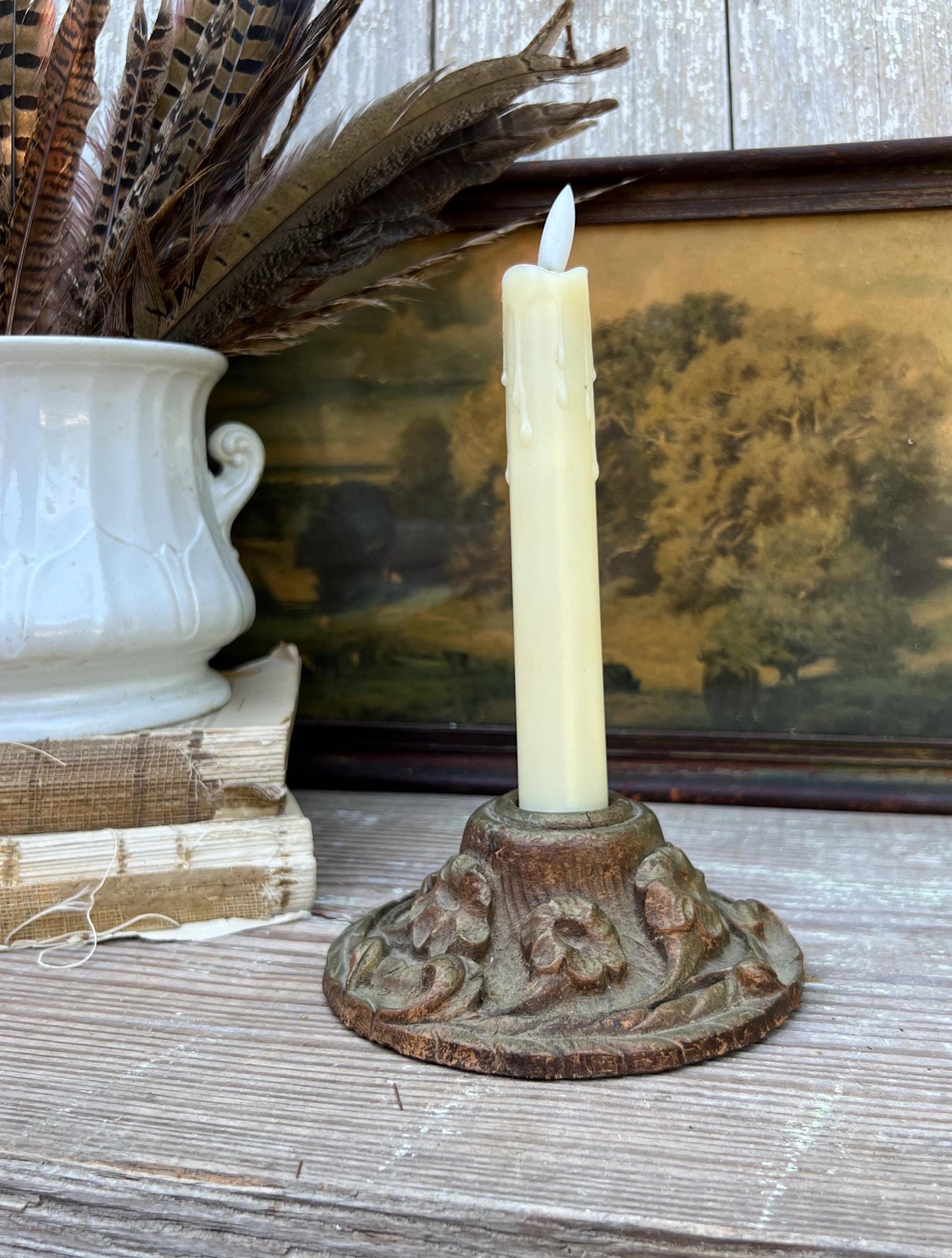 Antique Wooden Carved Candle Holder Stick Floral French Farmhouse Decor