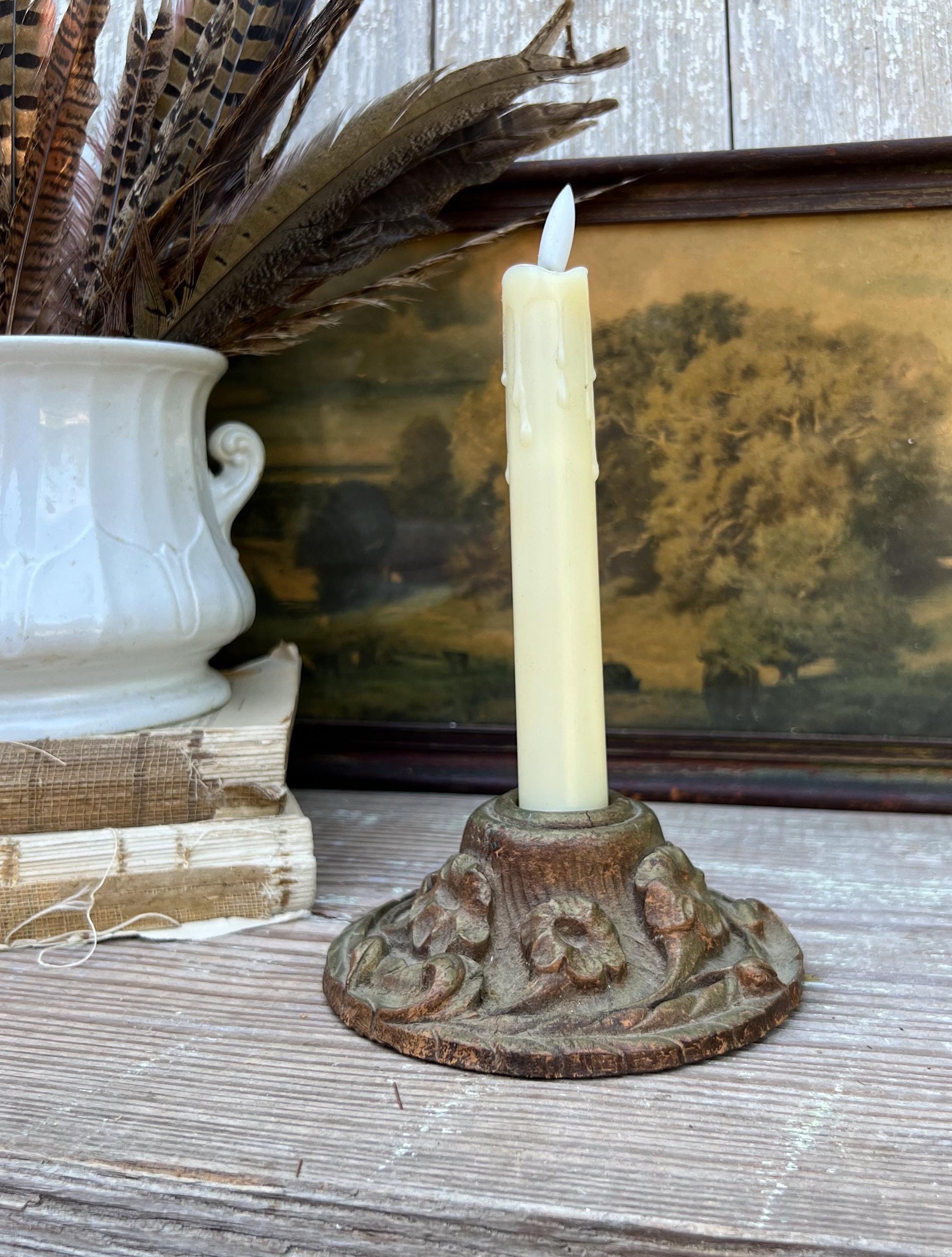 Antique Wooden Carved Candle Holder Stick Floral French Farmhouse Decor