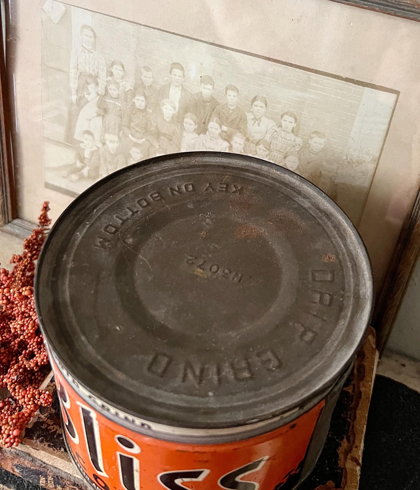 Antique Vintage BLISS Coffee Can Tin Canister Farmhouse Decor Fixer Upper Decor ORANGE Fall Decor Maxwell House Co.