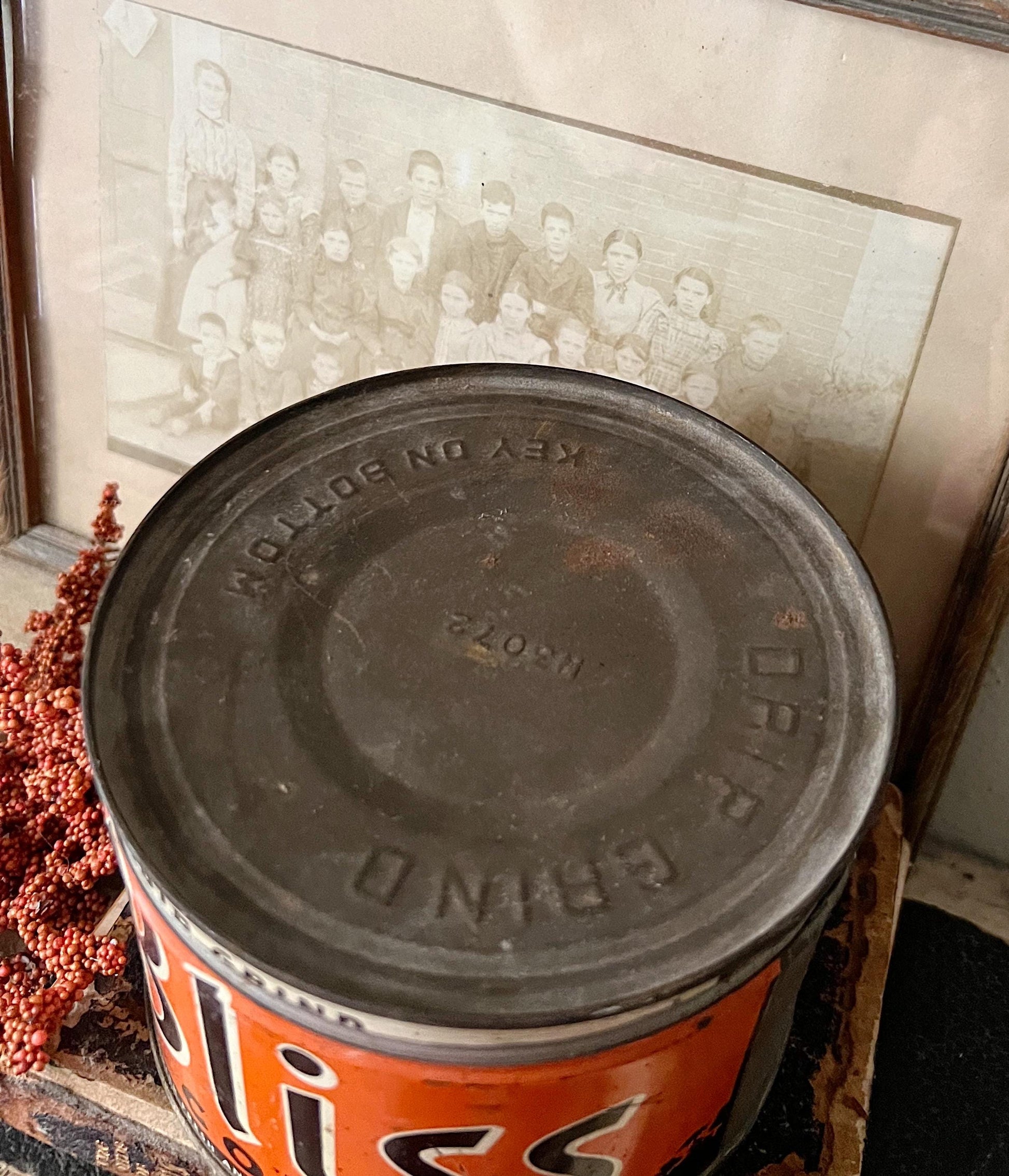 Antique Vintage BLISS Coffee Can Tin Canister Farmhouse Decor Fixer Upper Decor ORANGE Fall Decor Maxwell House Co.