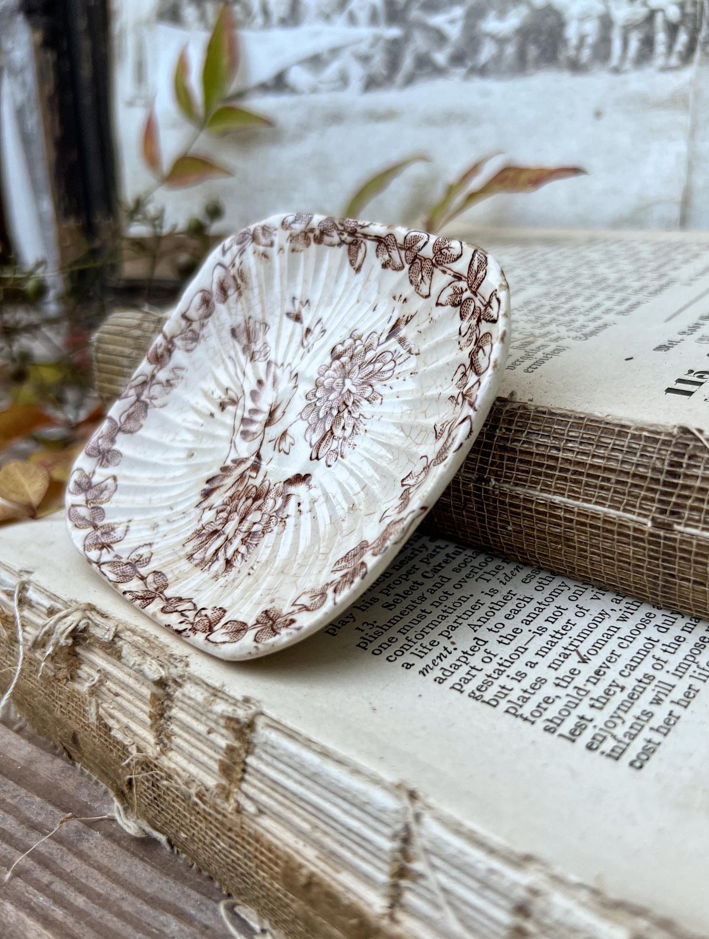 Antique SQUARE White Ironstone Butter Pat BROWN Transferware Floral Farmhouse Decor IVORY