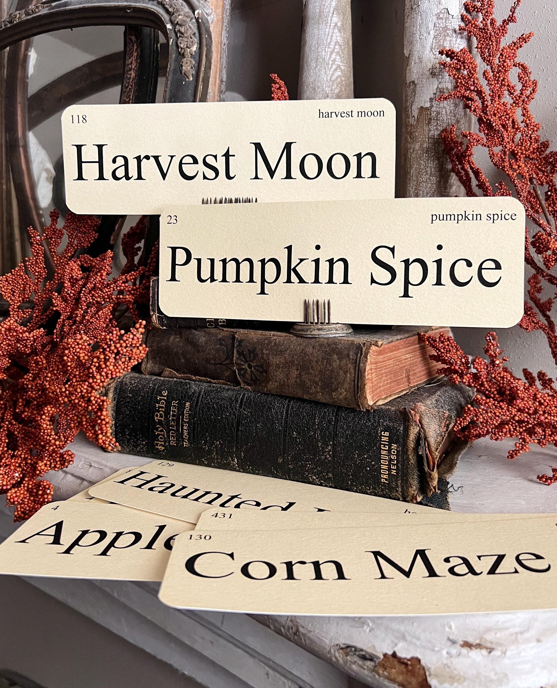 FALL FESTIVAL Flash Cards LARGE Vintage Inspired Word Flashcard Set Of 8 Farmhouse Decor Corn Maze Hayrides Pumpkin Patch Haunted House