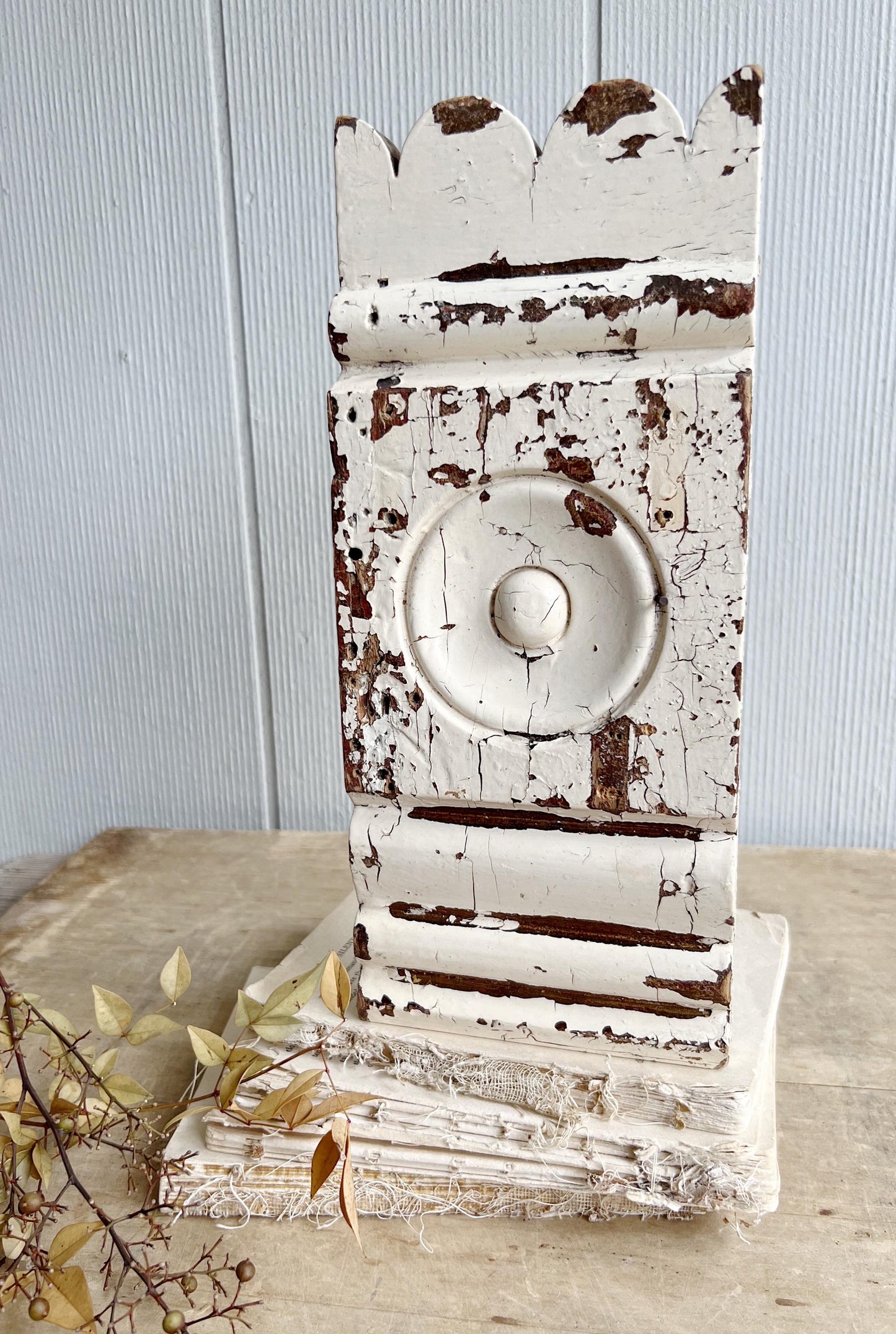 Antique EASTLAKE Plith CHIPPY WHITE Salvaged Pediment Architectural Wood Accent Trim Detail Reclaimed Farmhouse Rustic Decor