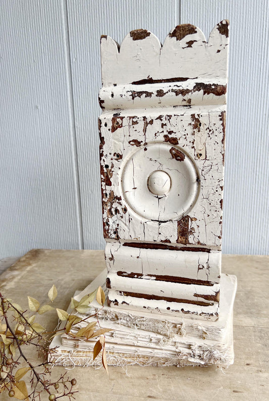 Antique EASTLAKE Plith CHIPPY WHITE Salvaged Pediment Architectural Wood Accent Trim Detail Reclaimed Farmhouse Rustic Decor