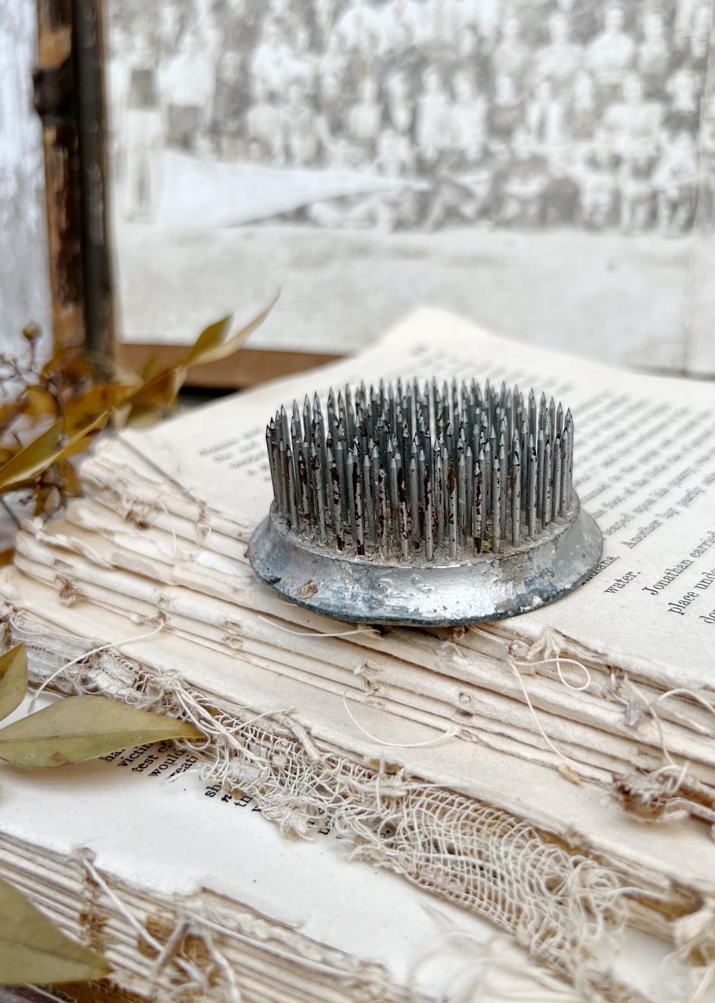 Vintage Floral Frog Large Antique Flower Spike Photo Display Farmhouse Decor Garden Industrial Salvage