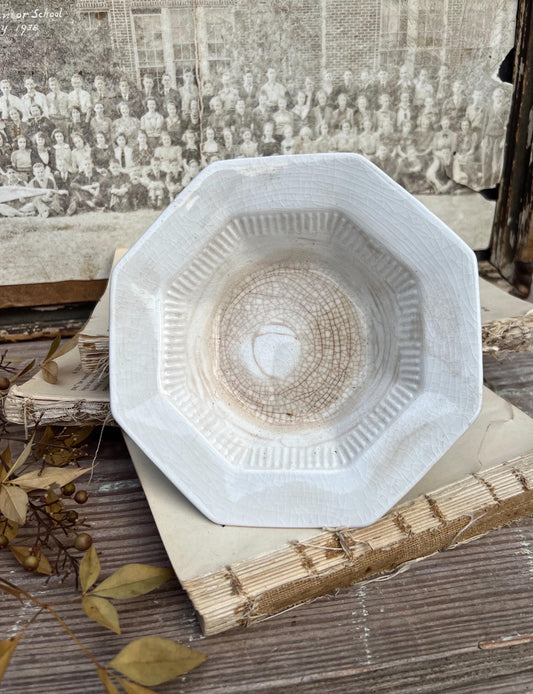 Vintage White Ironstone Bowl INDEPENDENCE Crazed Stained