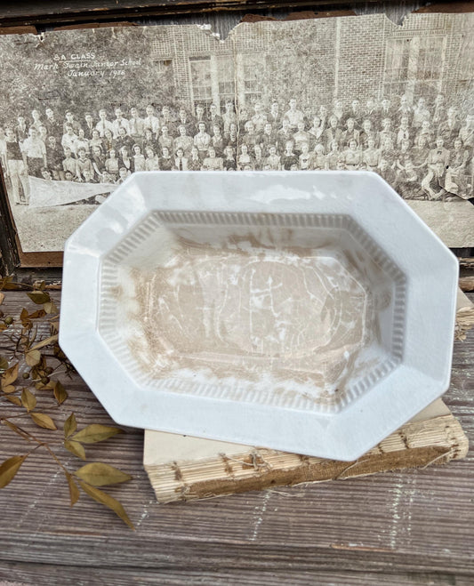 Vintage White Ironstone Divided Oval Bowl Serving Dish INDEPENDENCE Farmhouse Decor GRUNGY Crazing Stained