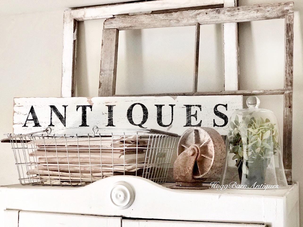 ANTIQUES Sign Farmhouse Wood Salvage Barn Wood Primitive Decor Architectural Reclaimed White Chippy Paint Wall Rustic Fixer Upper Decor