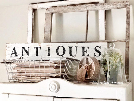 ANTIQUES Sign Farmhouse Wood Salvage Barn Wood Primitive Decor Architectural Reclaimed White Chippy Paint Wall Rustic Fixer Upper Decor
