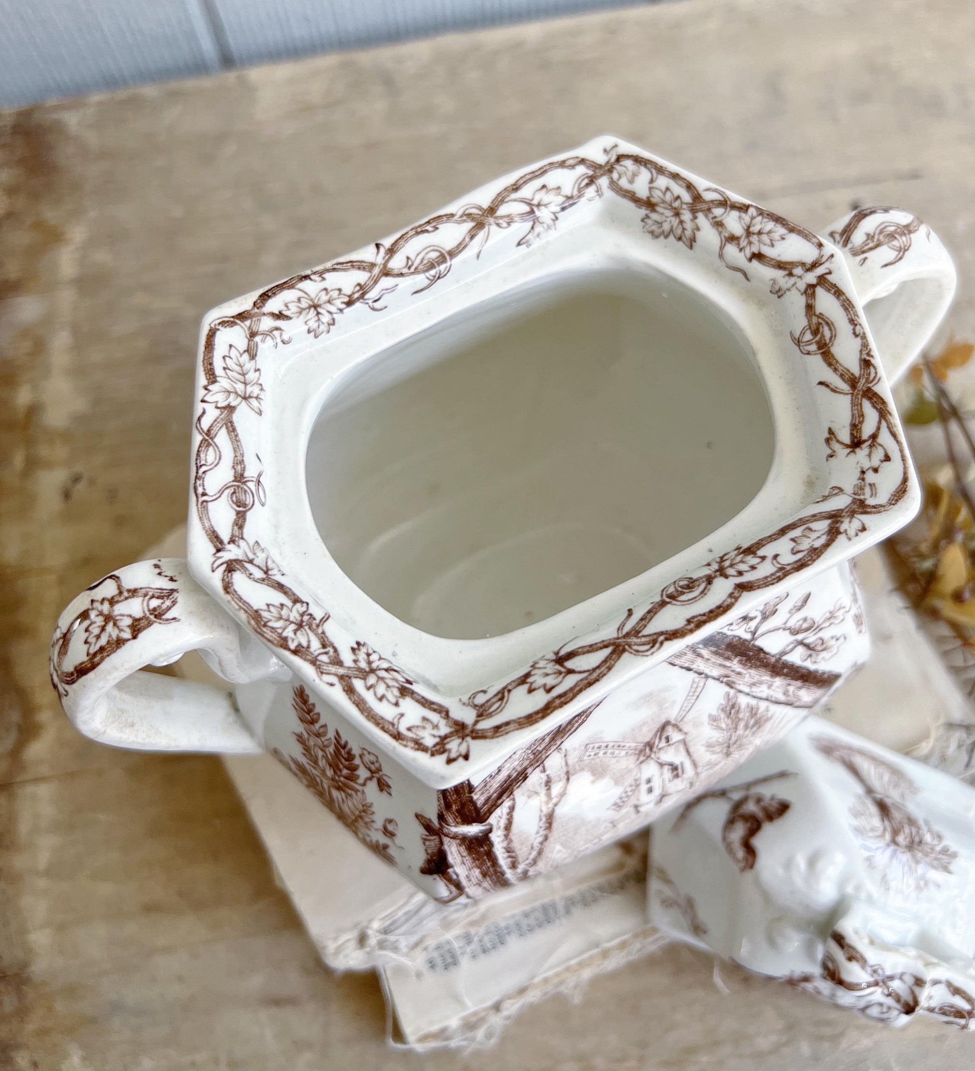 Antique Ironstone Sugar Bowl Jar Biscuit BROWN Transferware BIRD Farmhouse Decor