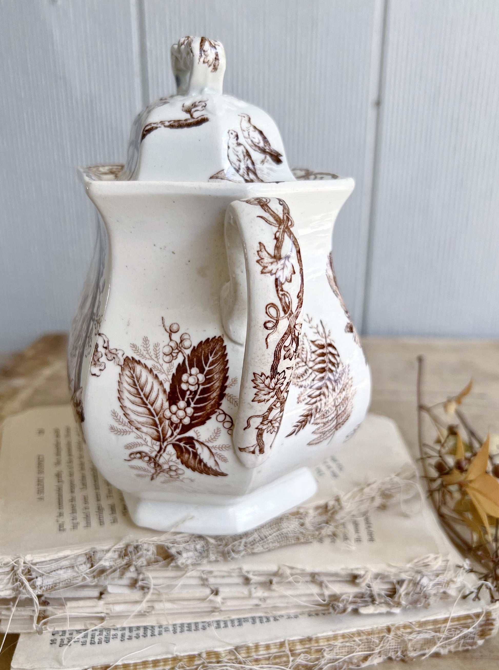Antique Ironstone Sugar Bowl Jar Biscuit BROWN Transferware BIRD Farmhouse Decor