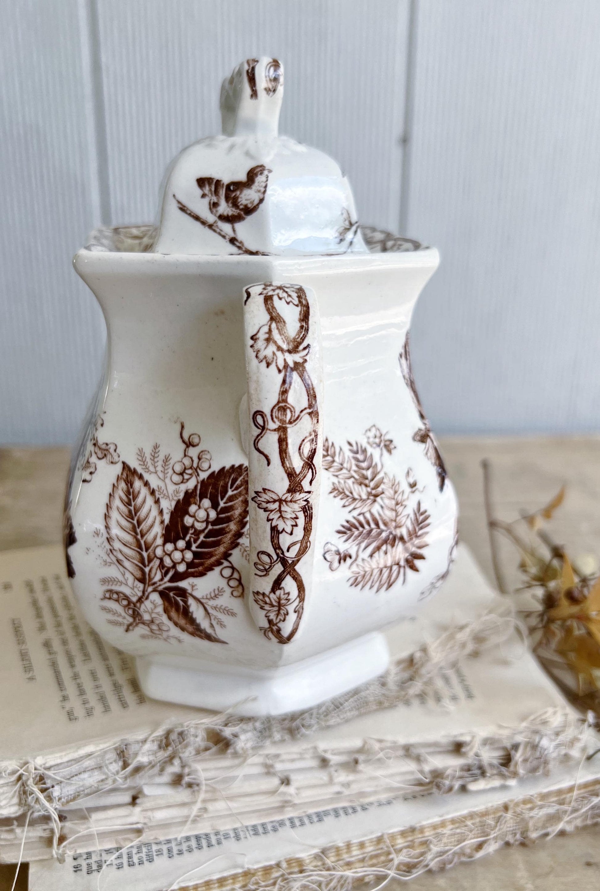 Antique Ironstone Sugar Bowl Jar Biscuit BROWN Transferware BIRD Farmhouse Decor