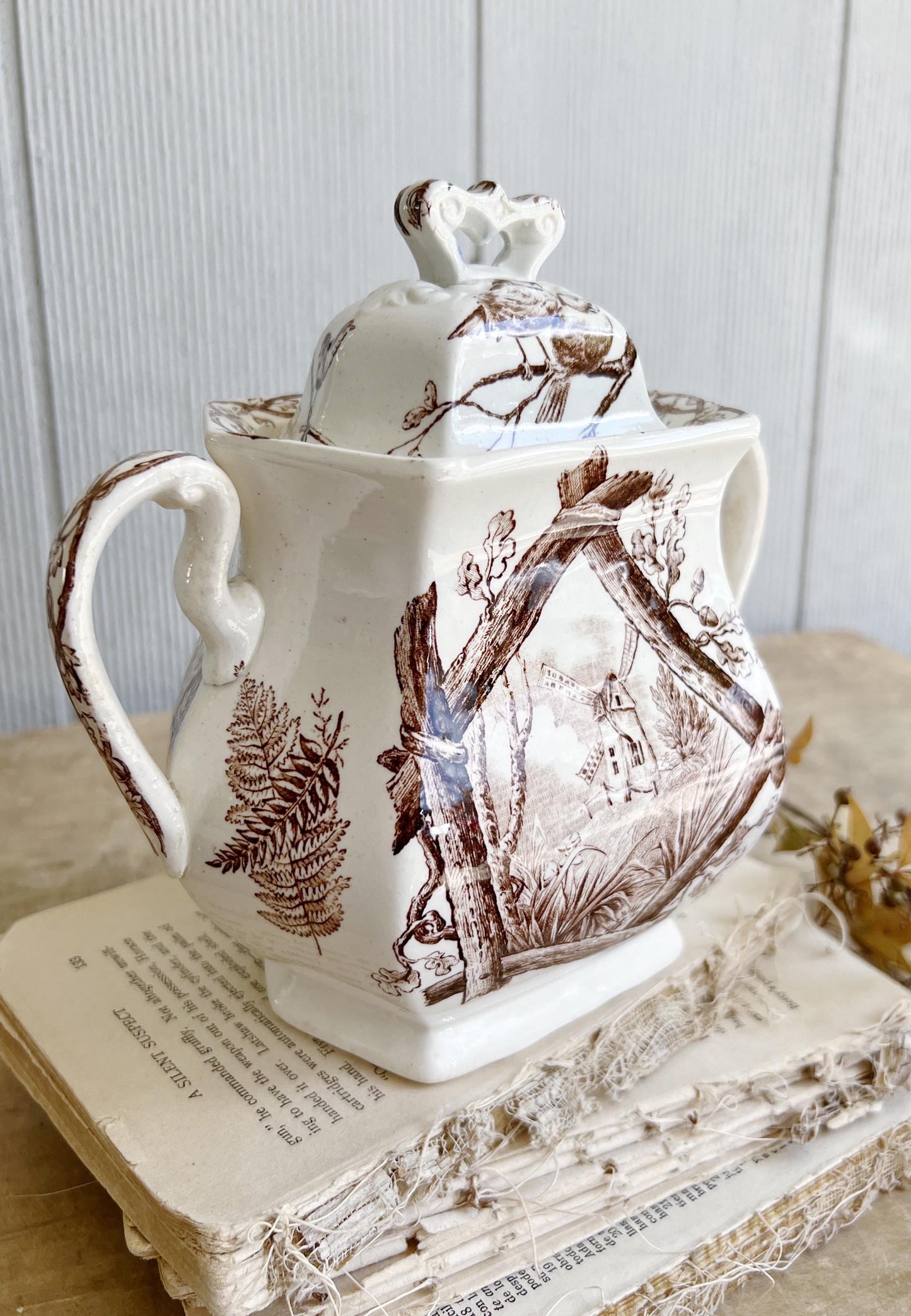 Antique Ironstone Sugar Bowl Jar Biscuit BROWN Transferware BIRD Farmhouse Decor