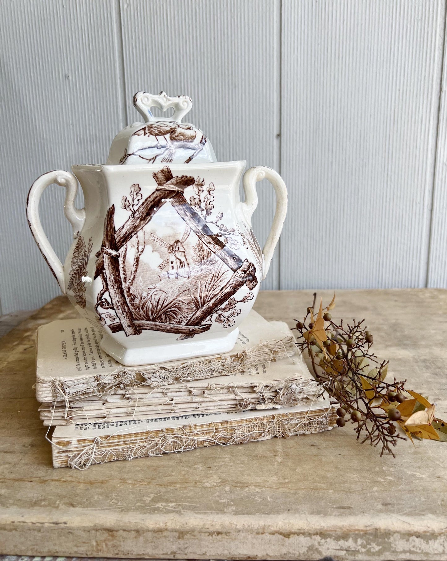 Antique Ironstone Sugar Bowl Jar Biscuit BROWN Transferware BIRD Farmhouse Decor