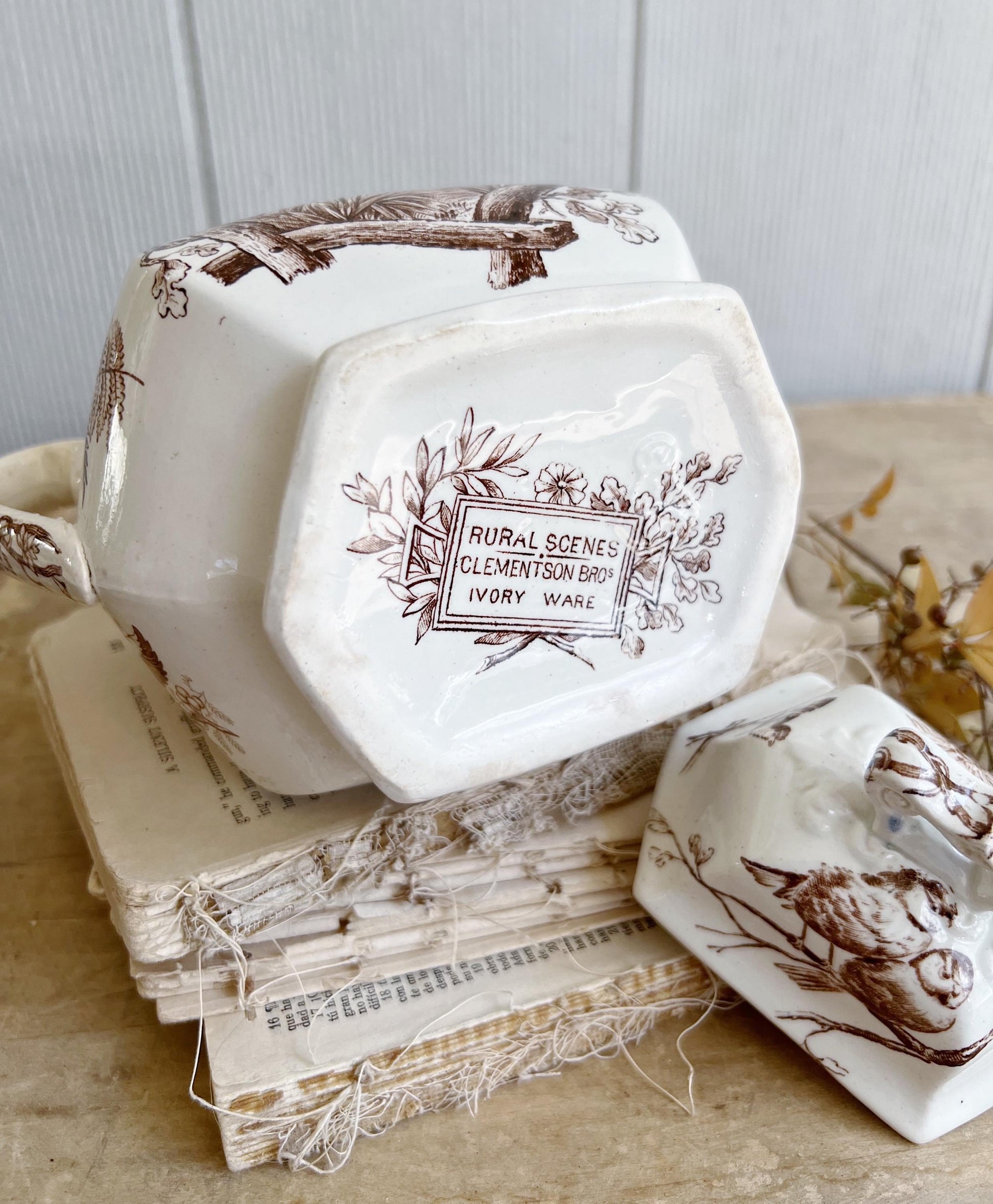 Antique Ironstone Sugar Bowl Jar Biscuit BROWN Transferware BIRD Farmhouse Decor