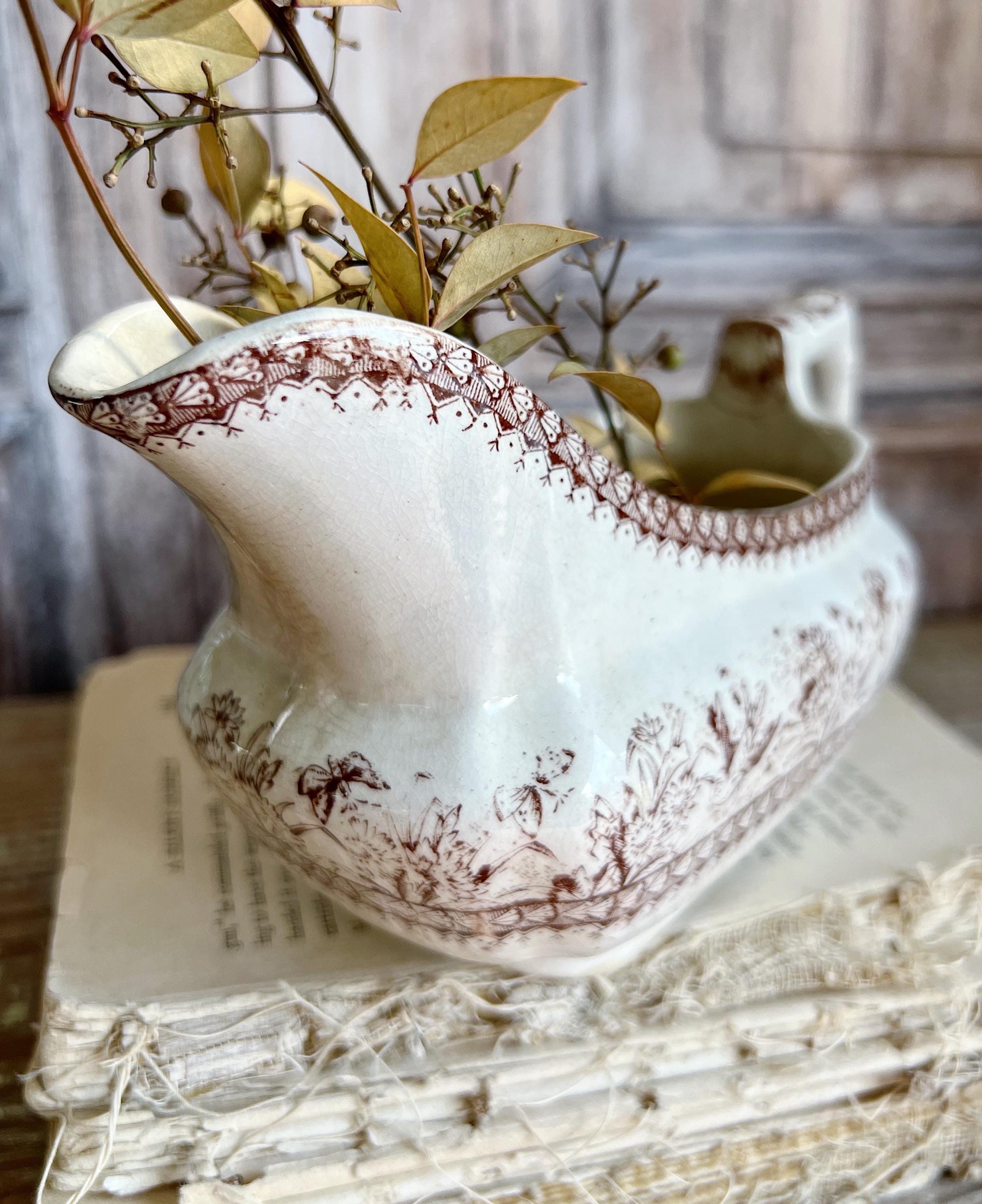 Antique Ironstone GRAVY Boat Pitcher BROWN Transferware Birds England Farmhouse Decor English Ironstone Crazed Stained