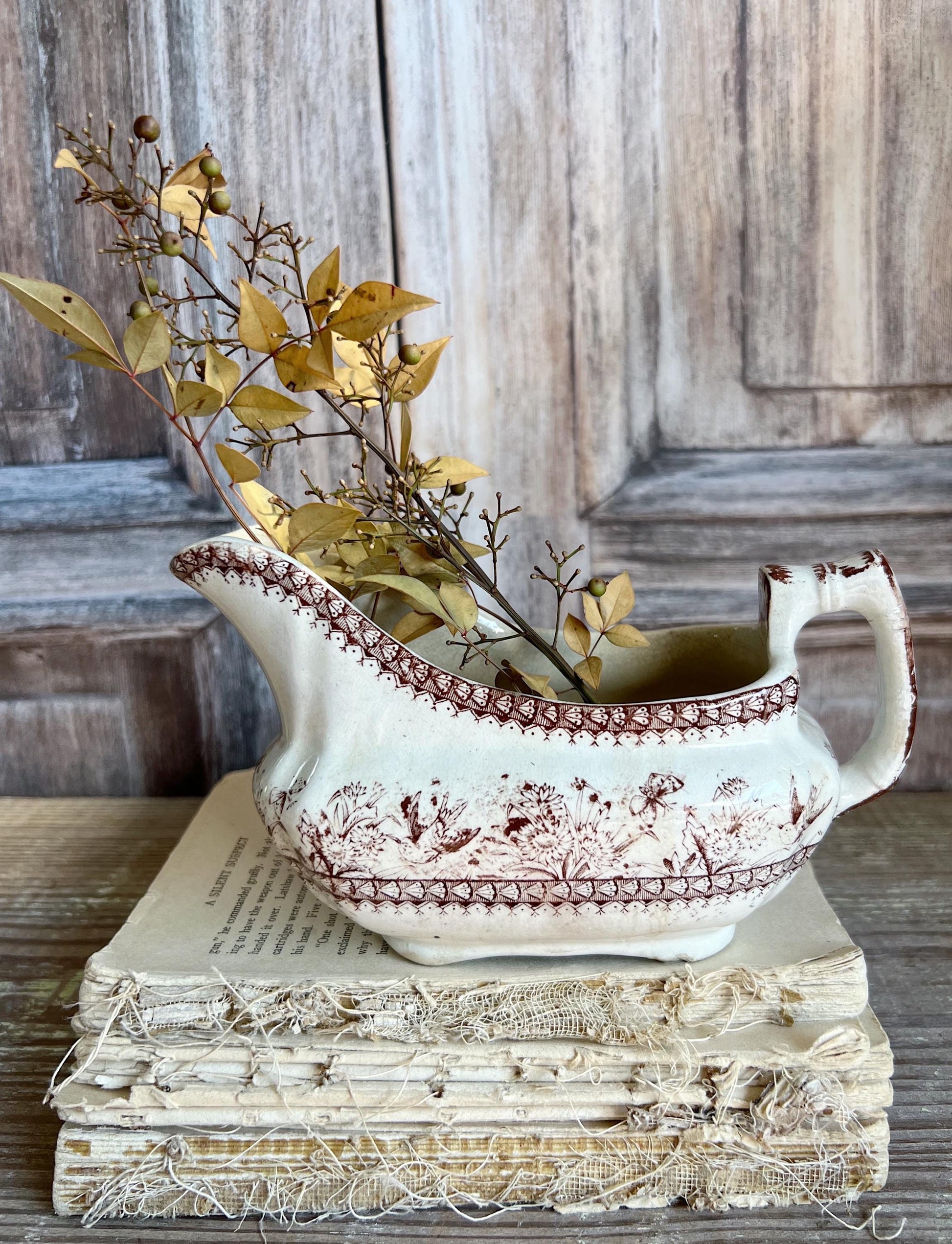 Antique Ironstone GRAVY Boat Pitcher BROWN Transferware Birds England Farmhouse Decor English Ironstone Crazed Stained